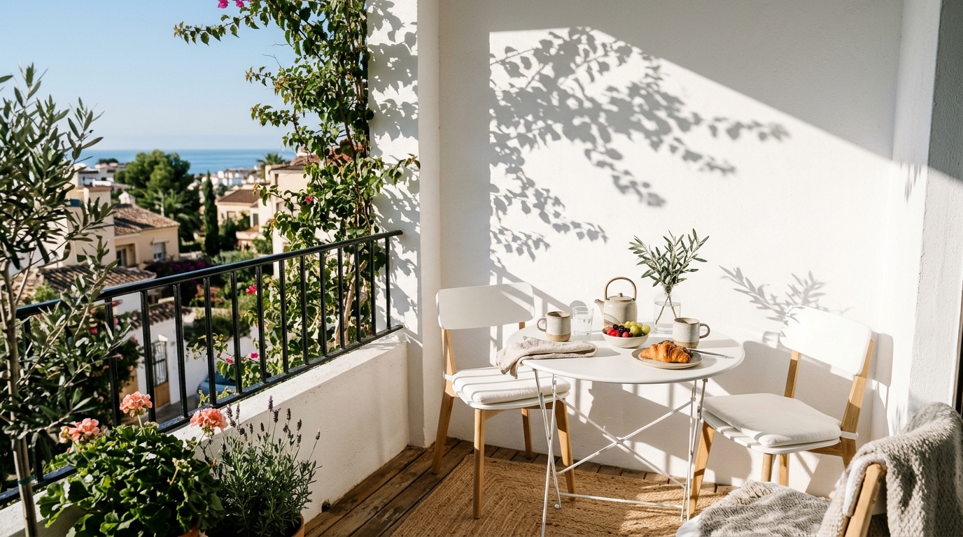 A sun-drenched breakfast corner on a small apartment balcony, featuring a minimalist bistro set and Benjamin Moore Swiss Coffee painted walls.