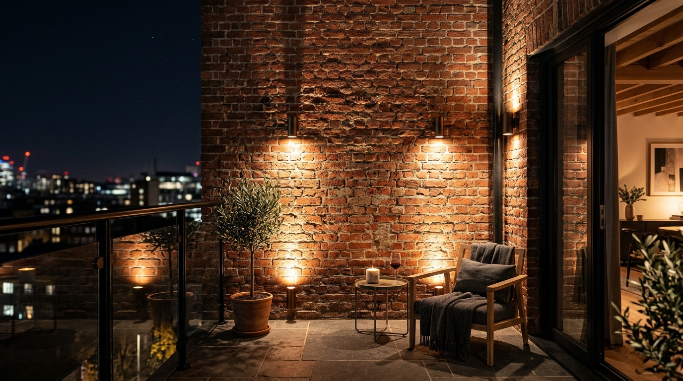 Sophisticated outdoor lighting design using directional spotlights to highlight the texture of an original 1920s exposed brick wall.