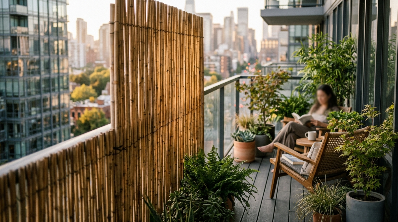 A private sanctuary vibe on a loft patio, achieved through the use of high-density bamboo screening and soft ambient lighting.