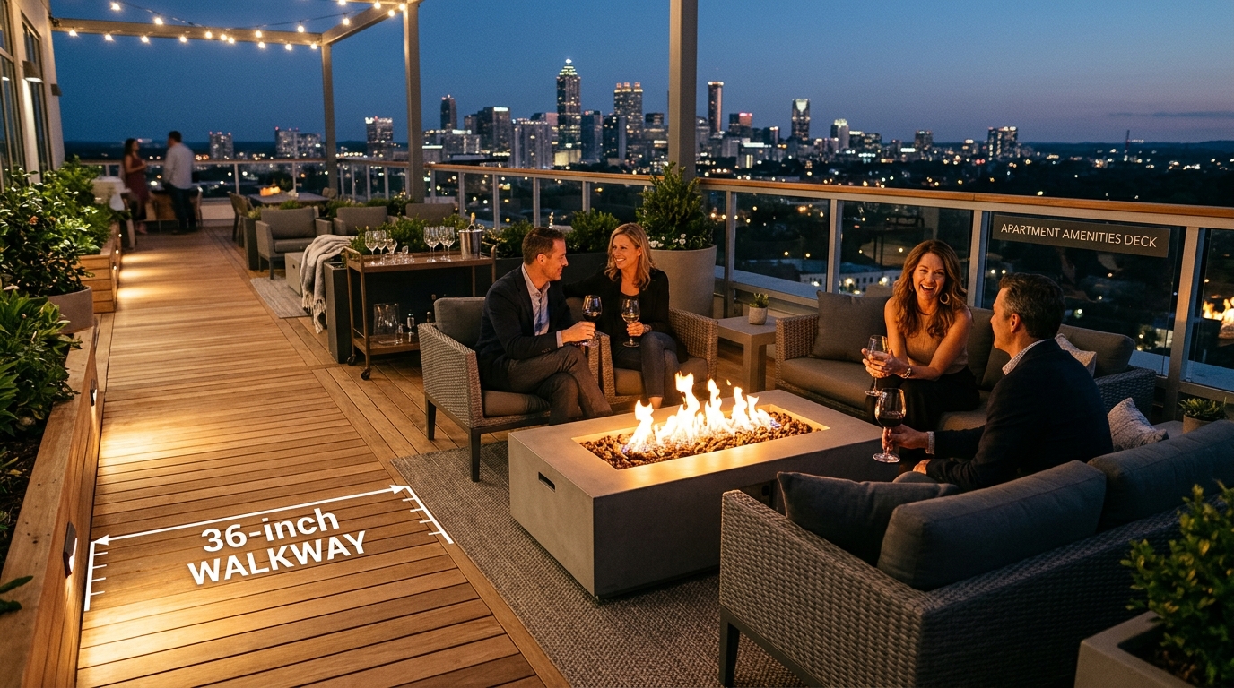 Modern urban courtyard featuring a central fire pit table and 36-inch circulation paths for an effortless social flow.