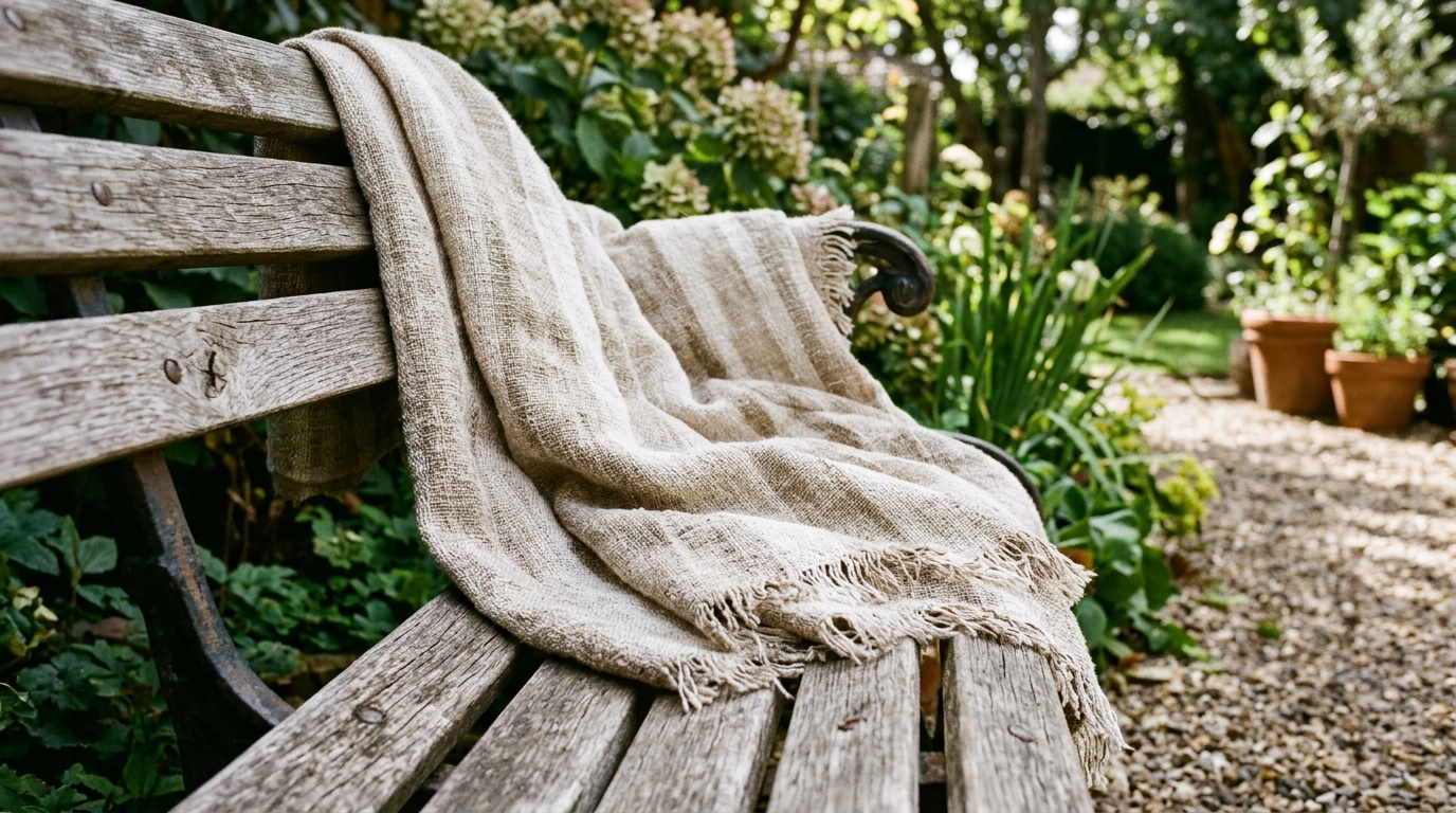 Detail of weather-proof textiles: a linen-look outdoor throw draped over a cedar bench, illustrating tactile luxury in a small space.
