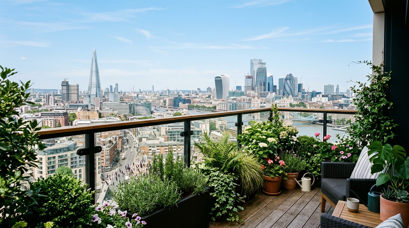A panoramic view of an urban balcony garden showing the strategic placement of plants to frame the city view while maintaining privacy.