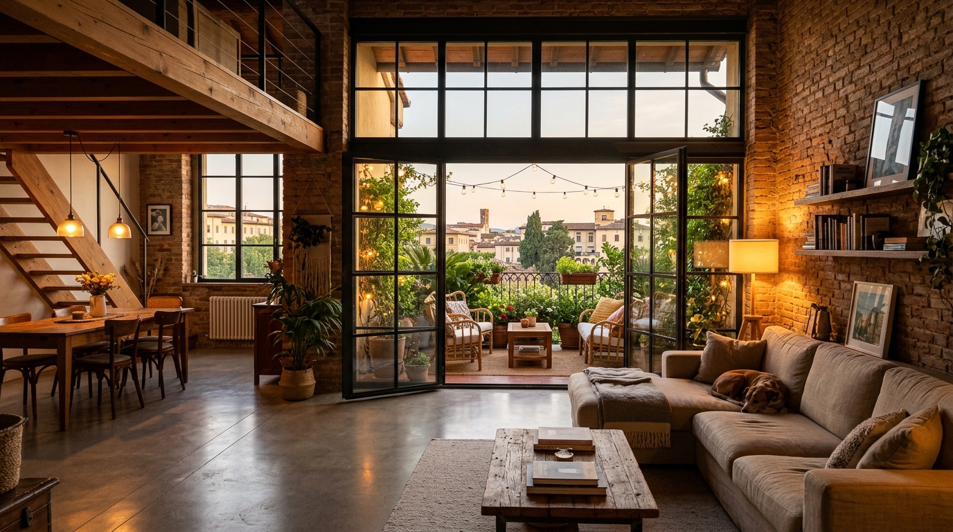 The final architectural reflection: a wide shot of the entire loft where the central patio acts as a luminous anchor for the living space.