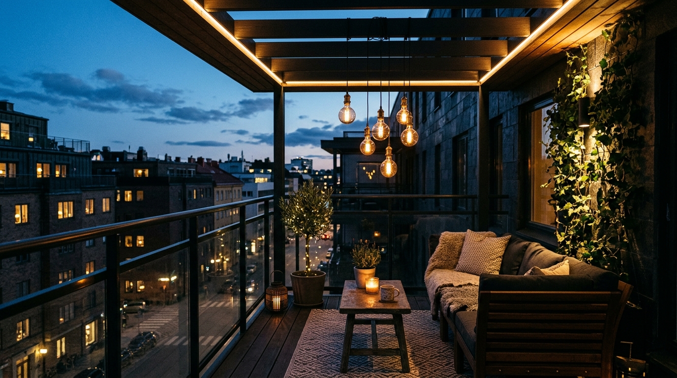 Evening mood shot showing the atmospheric 2700K glow from dimmable Edison-style string lights and architectural uplights, creating a permanent golden hour on an urban balcony.