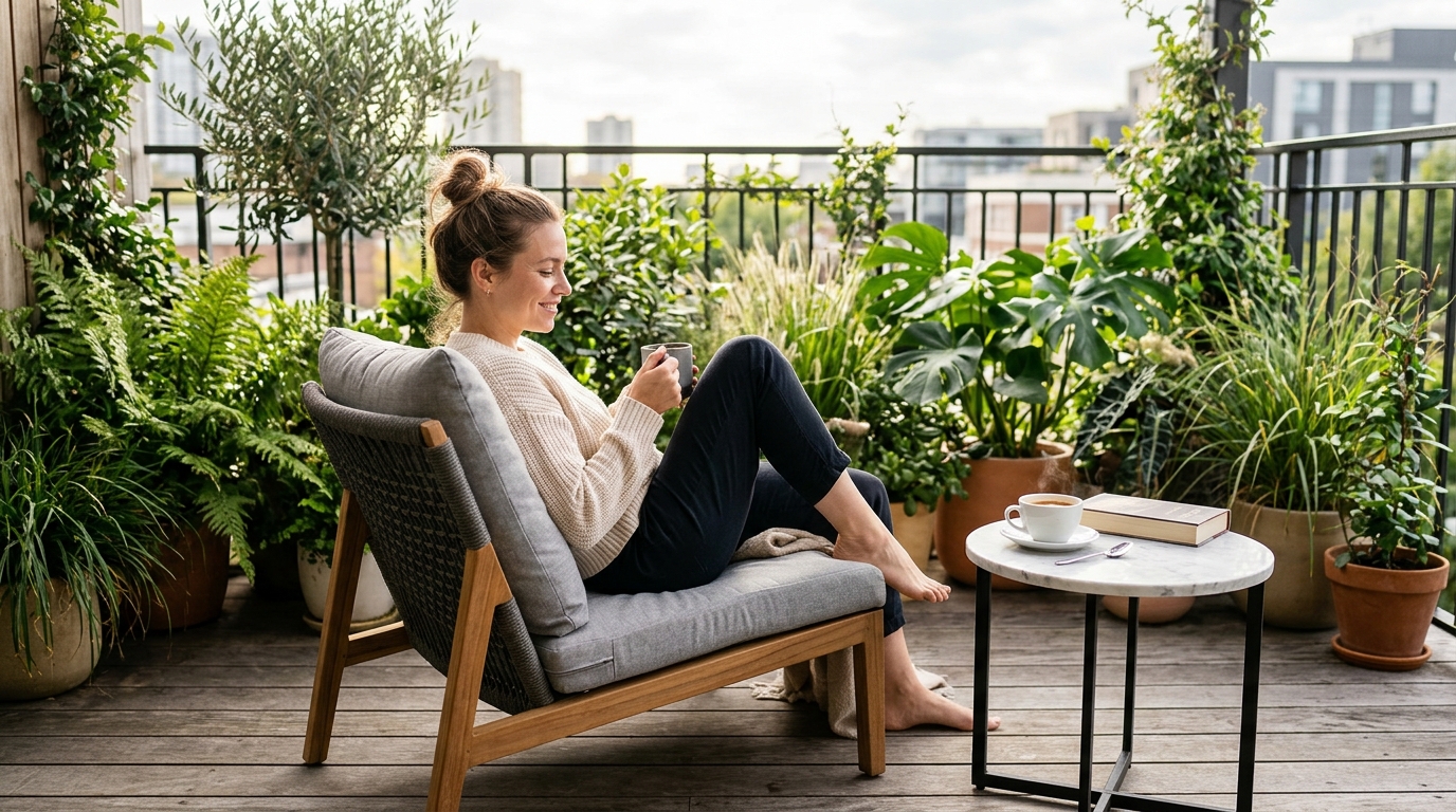 Ergonomic lifestyle snapshot of a low-profile lounge chair and a small side table positioned with perfect 18-inch reach, overlooking a lush biophilic privacy screen.
