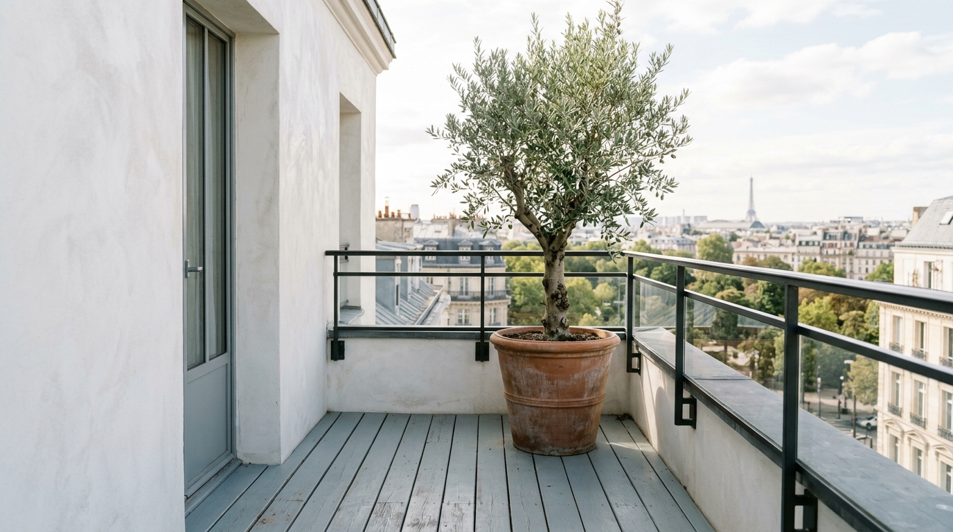 A minimalist urban balcony nook with Farrow & Ball French Gray decking and a single oversized terracotta planter holding a sculptural olive tree.