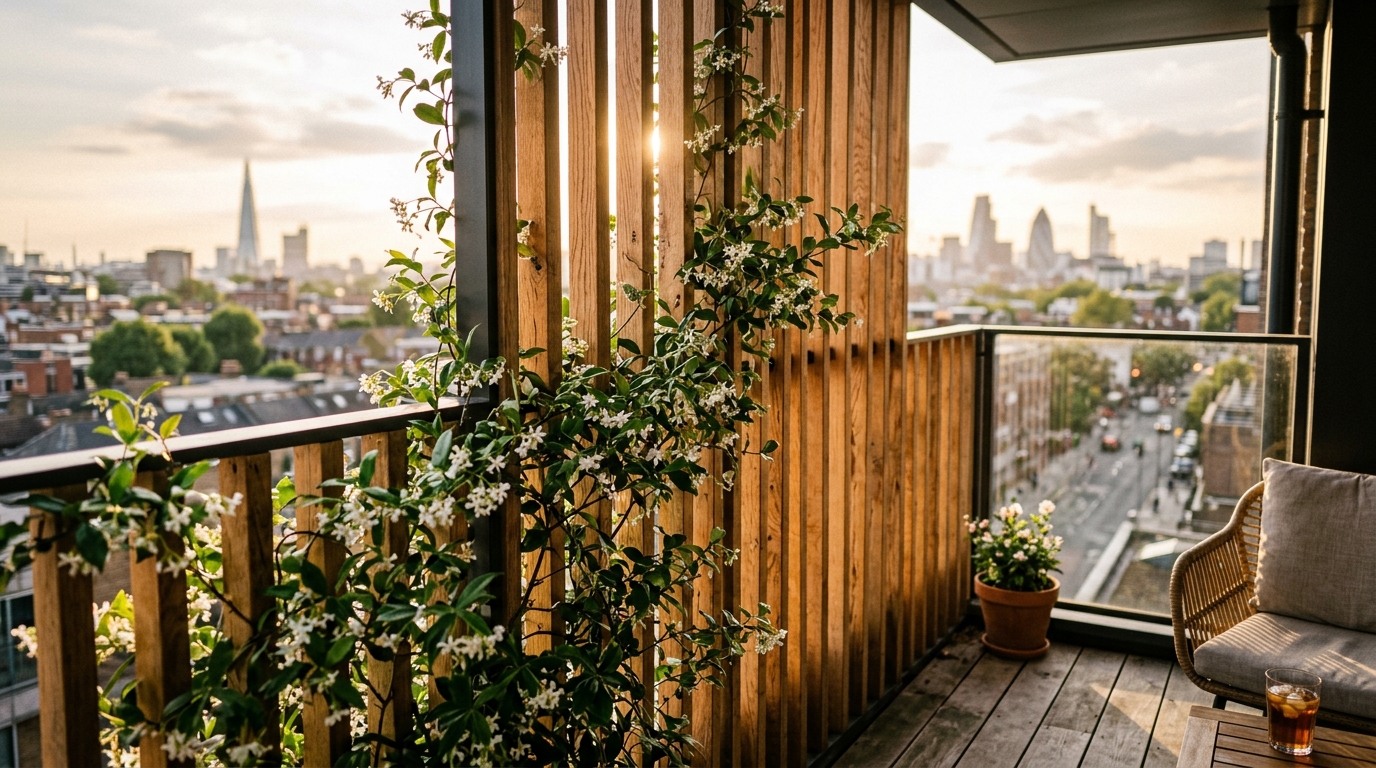 High-end loft patio design featuring a custom-built vertical garden privacy screen made of fluted oak slats and climbing jasmine vines.