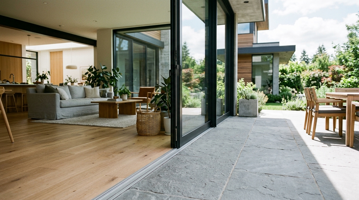 A modern glass courtyard loft showing the seamless flush threshold transition from white oak interior floors to external basalt stone tiles.