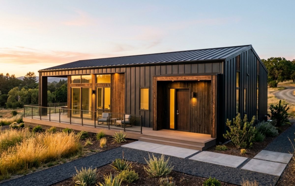 Luxury prefab materials featured in a matte-black architectural exterior with standing seam metal and charred wood accents at golden hour.
