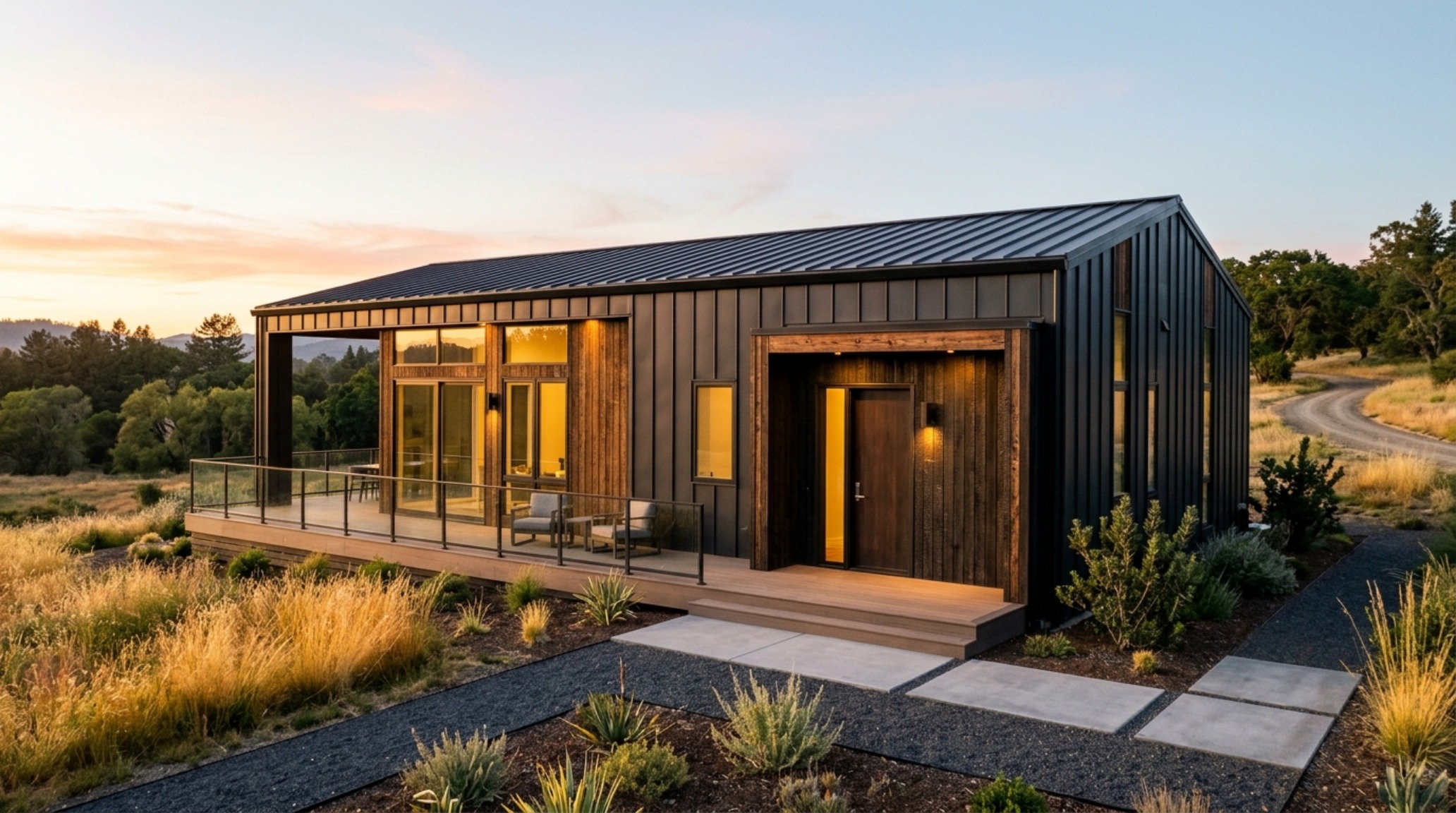 Luxury prefab materials featured in a matte-black architectural exterior with standing seam metal and charred wood accents at golden hour. Luxury prefab materials featured in a matte-black architectural exterior with standing seam metal and charred wood accents at golden hour.