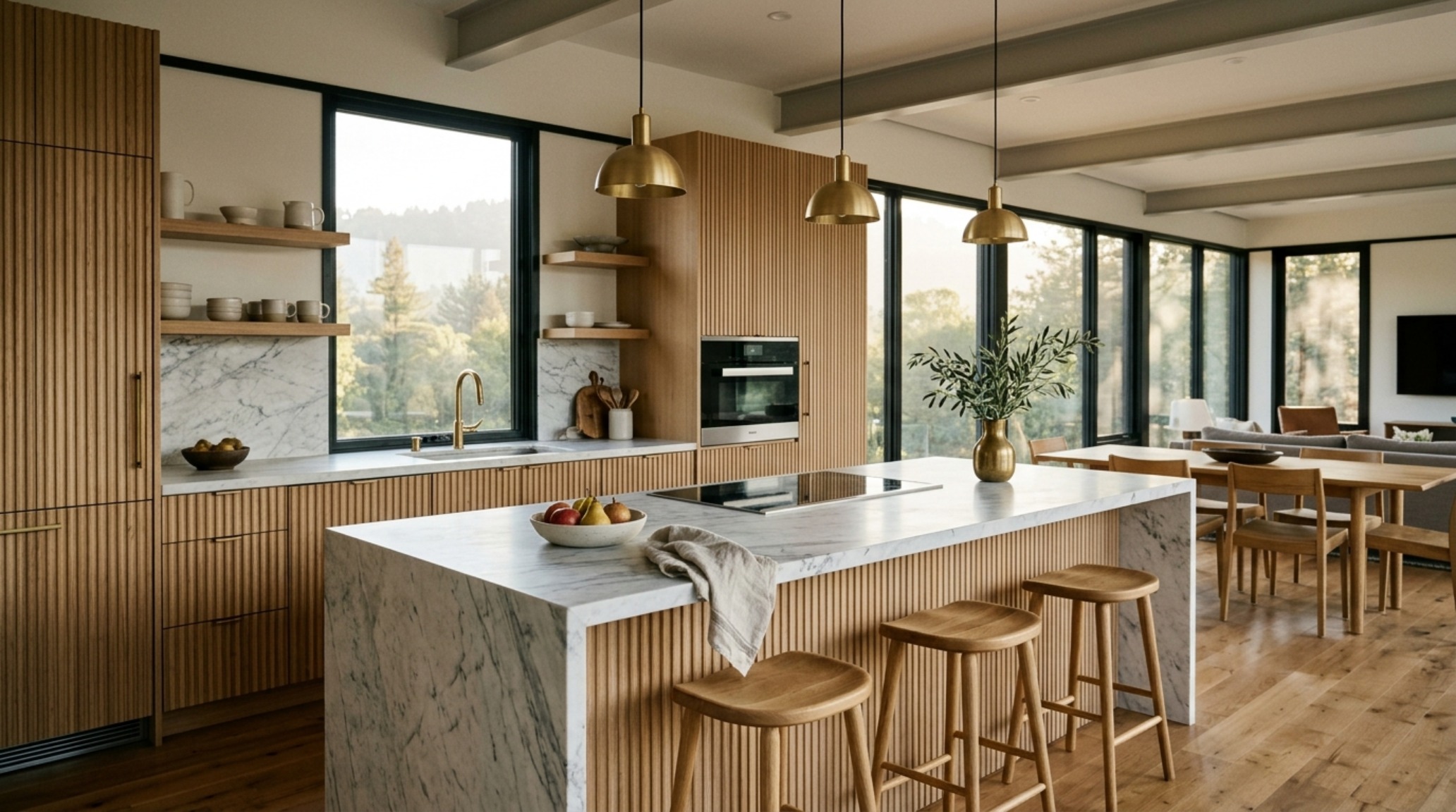High-end mobile home finishes including a fluted white oak kitchen island and honed marble countertops with integrated brass fixtures. High-end mobile home finishes including a fluted white oak kitchen island and honed marble countertops with integrated brass fixtures.