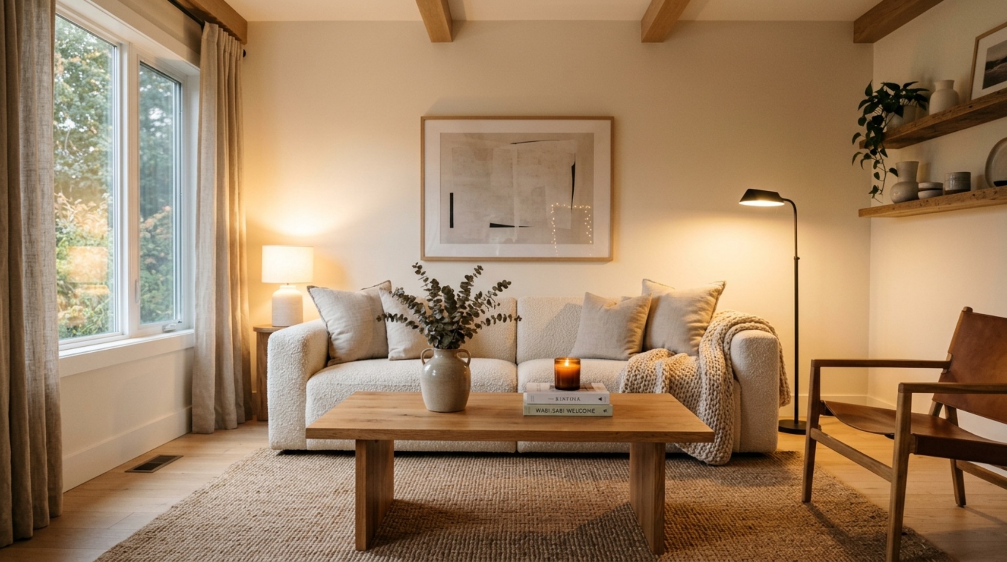 Modern double-wide interior design living room with Benjamin Moore Swiss Coffee walls and a low-profile modular sofa in cream boucle. Modern double-wide interior design living room with Benjamin Moore Swiss Coffee walls and a low-profile modular sofa in cream boucle.