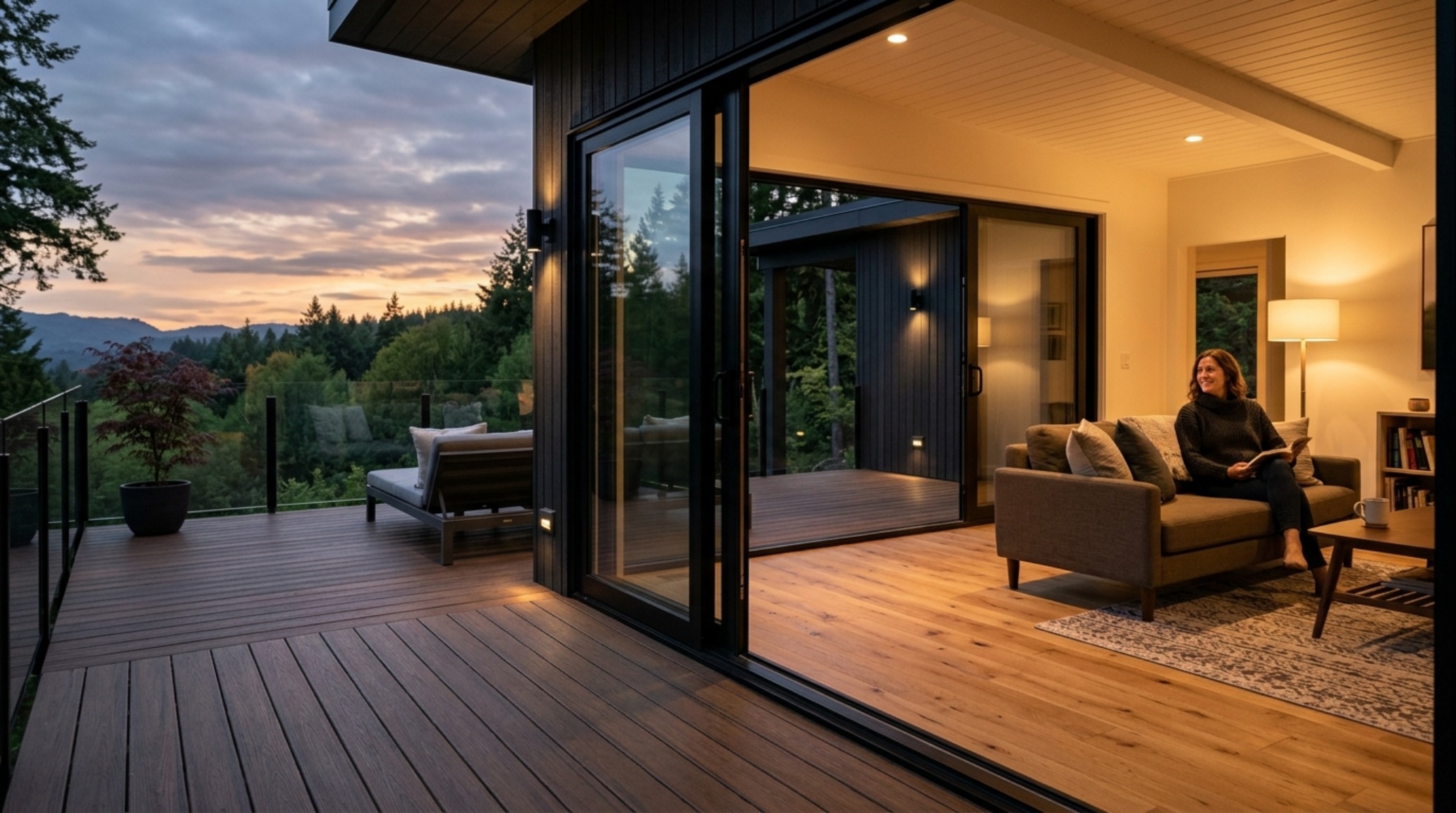 Energy-efficient modular builds featuring triple-paned floor-to-ceiling glass windows overlooking a serene forest landscape. Energy-efficient modular builds featuring triple-paned floor-to-ceiling glass windows overlooking a serene forest landscape.