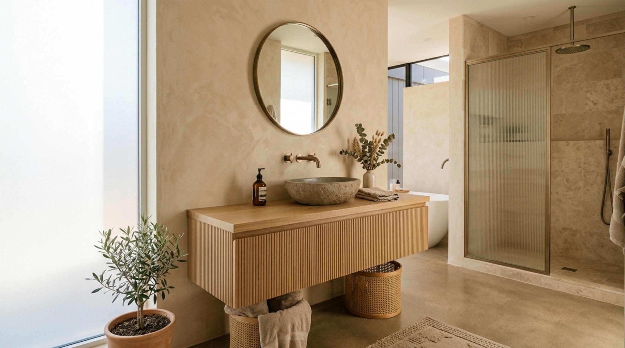 Architectural mobile home transformations showcasing a primary suite with lime-wash walls and a custom reeded vanity. Architectural mobile home transformations showcasing a primary suite with lime-wash walls and a custom reeded vanity.
