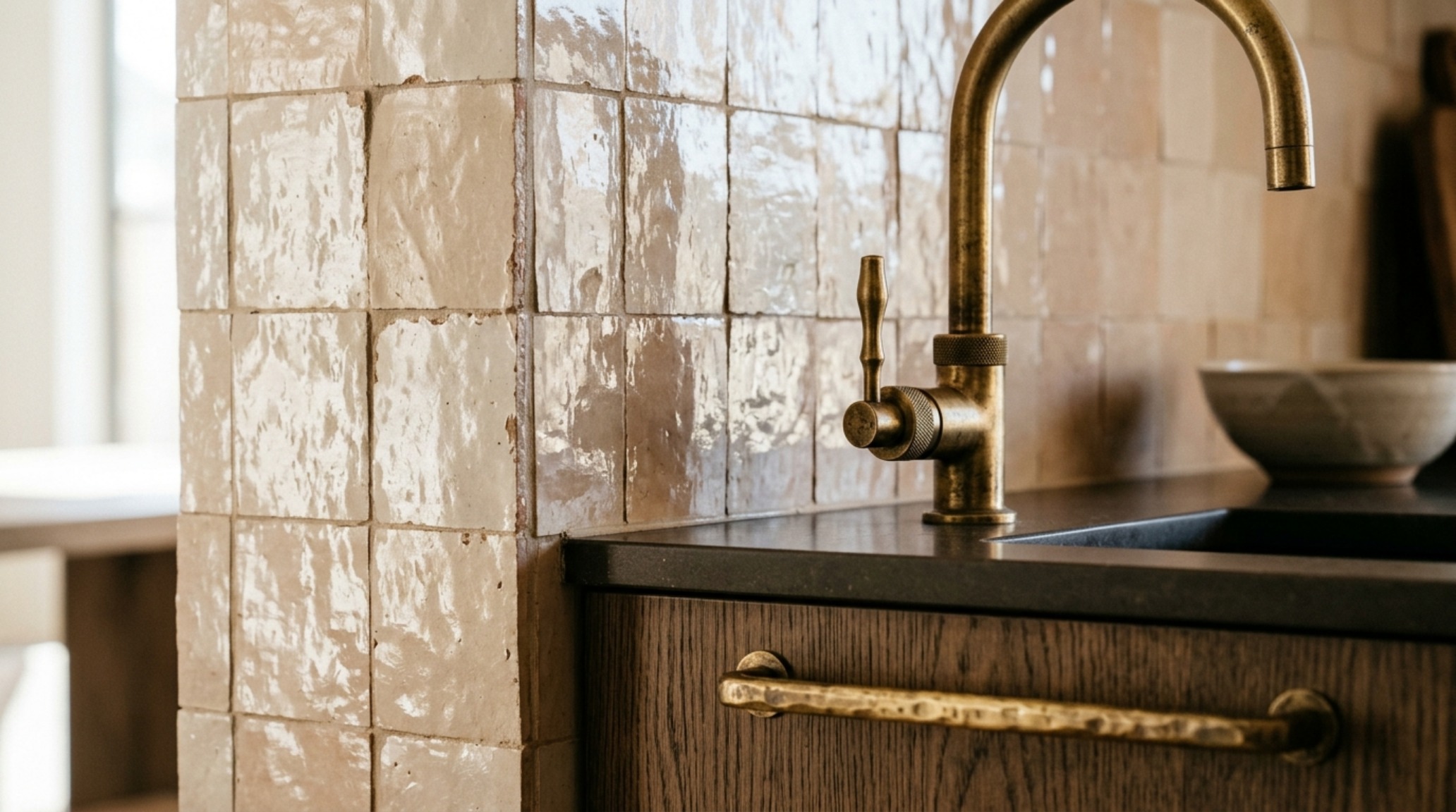 Luxury prefab materials highlighted by a close-up of unlacquered brass hardware against a charcoal-stained oak cabinet. Luxury prefab materials highlighted by a close-up of unlacquered brass hardware against a charcoal-stained oak cabinet.