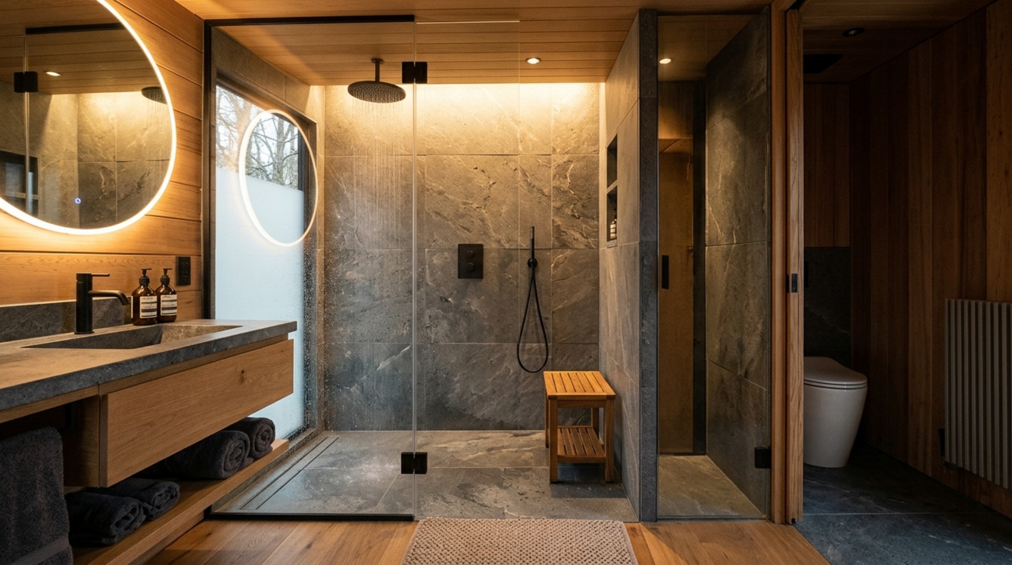 High-end mobile home finishes in a spa-like bathroom featuring a wet-room layout with Belgian bluestone flooring. High-end mobile home finishes in a spa-like bathroom featuring a wet-room layout with Belgian bluestone flooring.
