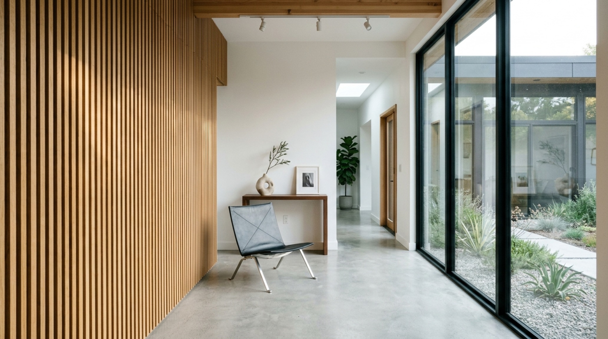 Modern double-wide interior design entryway with a custom-built mudroom bench and vertical slat screen for spatial separation. Modern double-wide interior design entryway with a custom-built mudroom bench and vertical slat screen for spatial separation.
