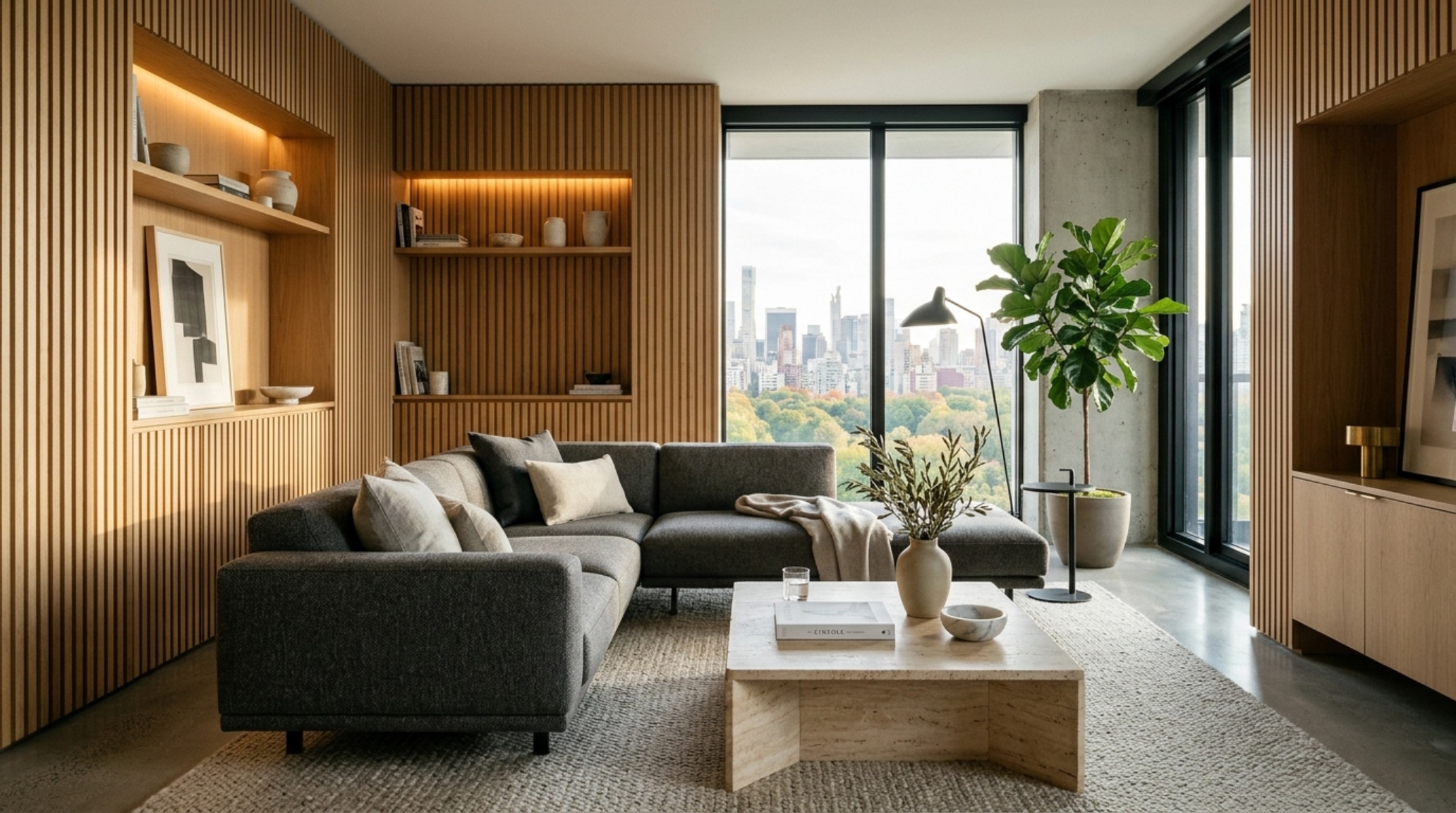High-end condo living room featuring vertical white oak slatted timber walls, integrated 2700K warm-dim lighting, and a custom honed travertine coffee table for a permanent luxury aesthetic. High-end condo living room featuring vertical white oak slatted timber walls, integrated 2700K warm-dim lighting, and a custom honed travertine coffee table for a permanent luxury aesthetic.