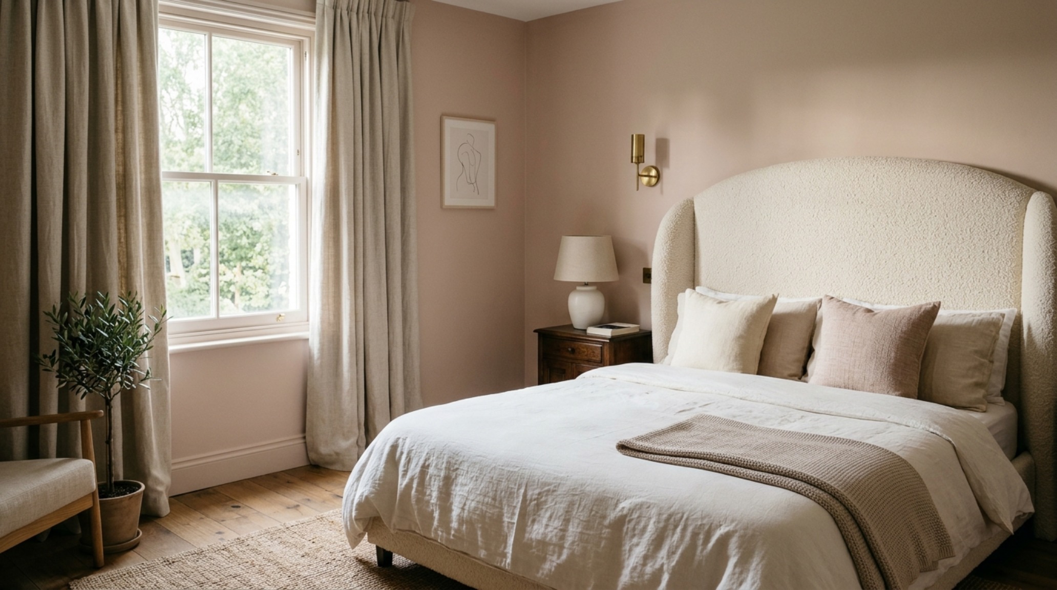 Modern rental bedroom showcasing quiet luxury apartment hacks with oversized bouclé headboard, Farrow and Ball Setting Plaster walls, and floor-to-ceiling linen drapery. Modern rental bedroom showcasing quiet luxury apartment hacks with oversized bouclé headboard, Farrow and Ball Setting Plaster walls, and floor-to-ceiling linen drapery.