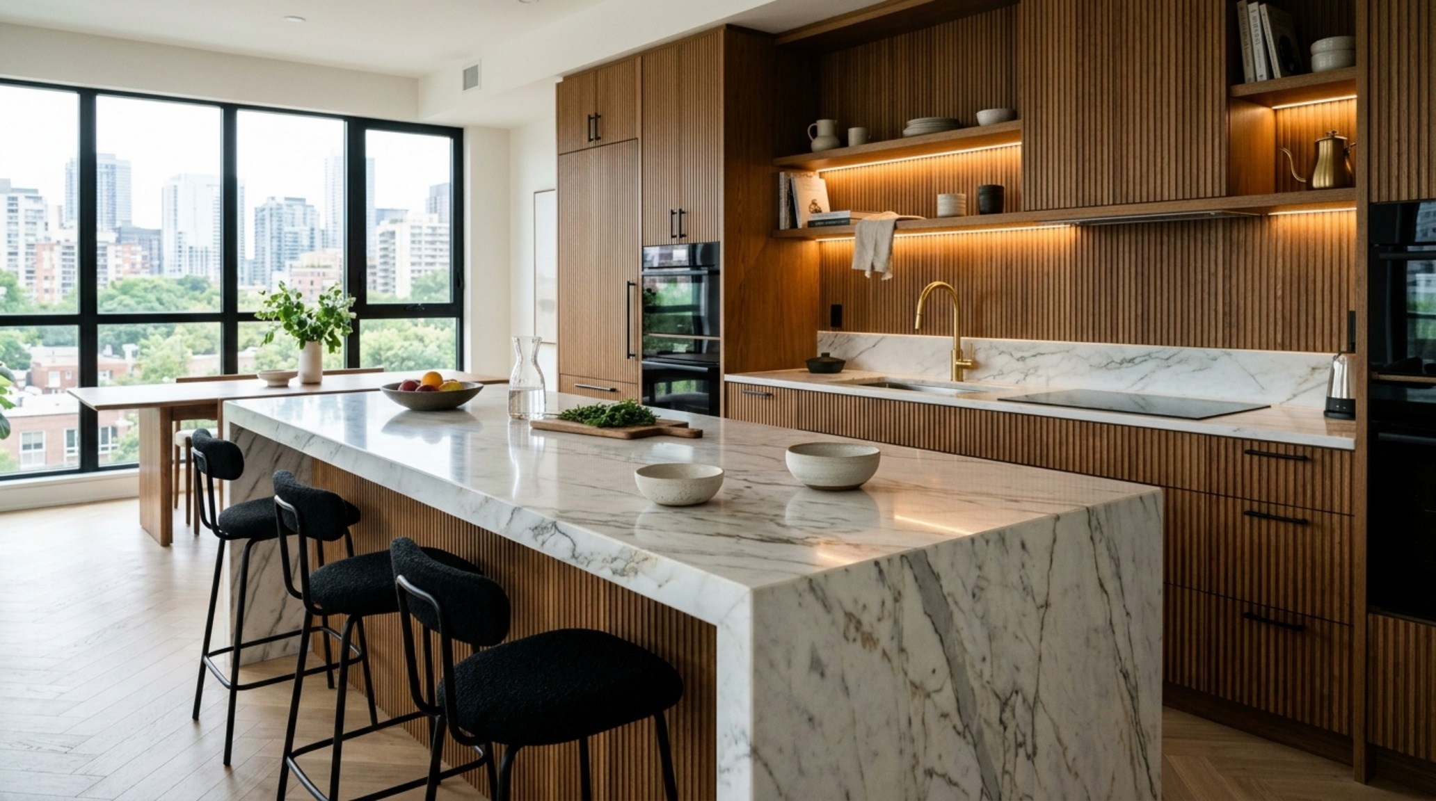 Sleek condo kitchen renovation with solid marble countertops, high CRI task lighting, and custom fluted cabinetry highlighting the benefits of ownership design. Sleek condo kitchen renovation with solid marble countertops, high CRI task lighting, and custom fluted cabinetry highlighting the benefits of ownership design.