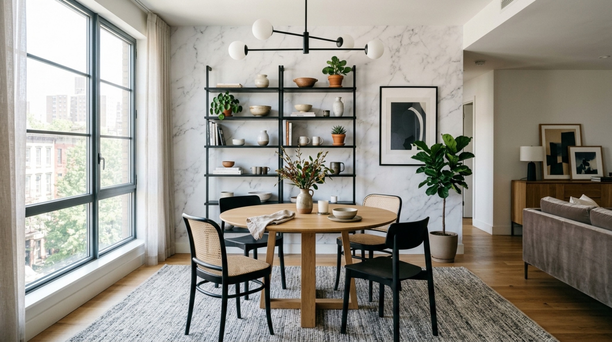 Small urban apartment dining area featuring temporary peel-and-stick marble backsplash, removable brass hardware, and clever rental-safe wall shelving solutions for storage. Small urban apartment dining area featuring temporary peel-and-stick marble backsplash, removable brass hardware, and clever rental-safe wall shelving solutions for storage.
