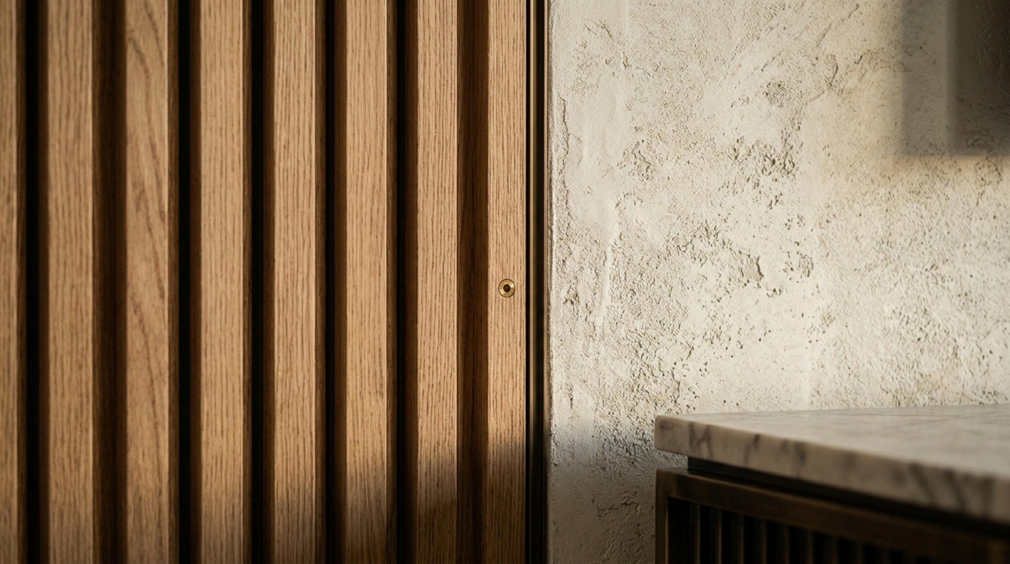 Close-up of a fluted white oak wall panel meeting a neutral limewash wall, illustrating the tactile grounding and negative space breathing room in a bespoke condo entry. Close-up of a fluted white oak wall panel meeting a neutral limewash wall, illustrating the tactile grounding and negative space breathing room in a bespoke condo entry.