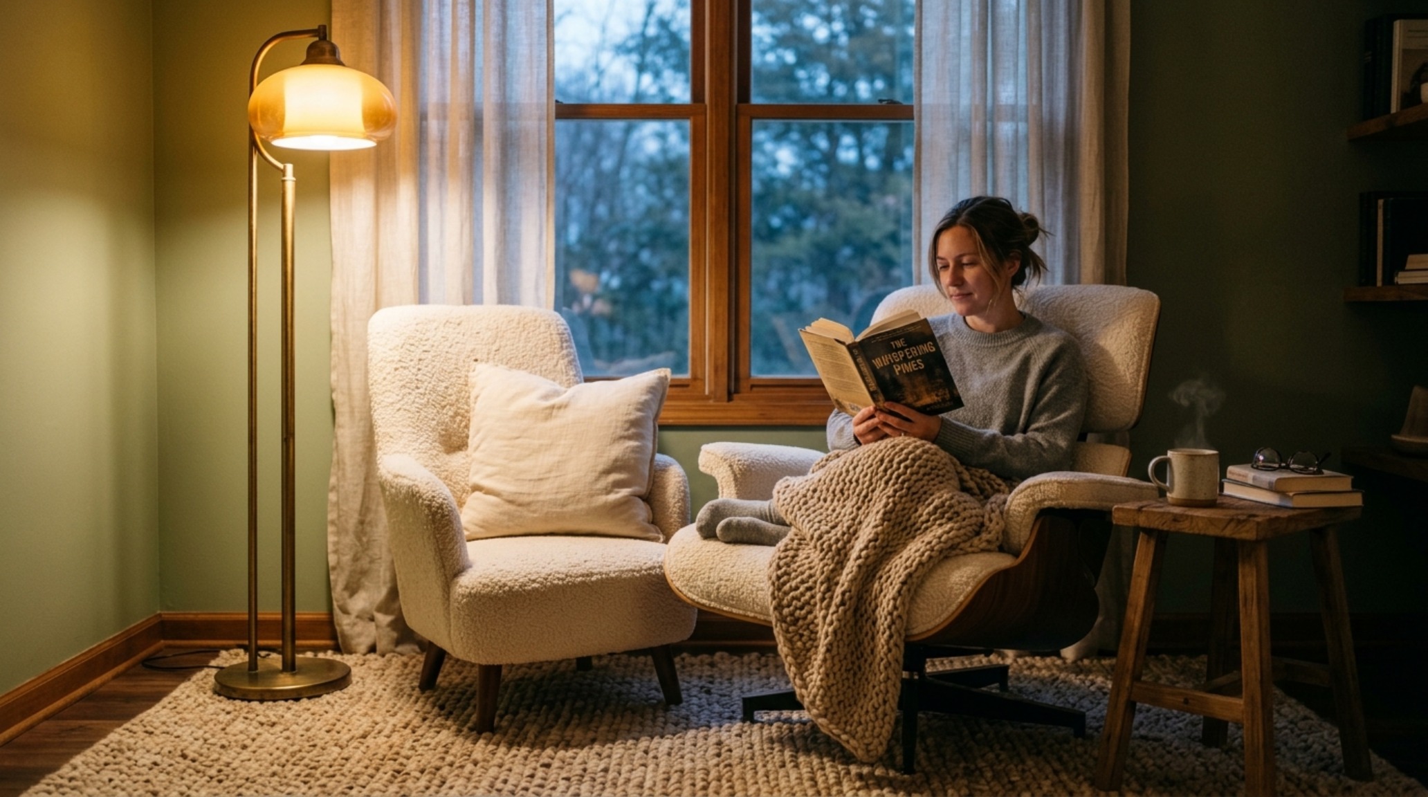 A cozy reading nook in a rental apartment using a 9x12 wool rug for tactile grounding and a designer floor lamp to create a warm-dim atmospheric corner. A cozy reading nook in a rental apartment using a 9x12 wool rug for tactile grounding and a designer floor lamp to create a warm-dim atmospheric corner.