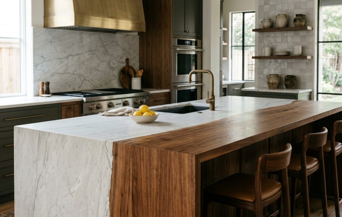 Luxury kitchen island material combinations featuring a honed Calacatta marble countertop paired with a warm rift-sawn walnut butcher block and unlacquered brass hardware.