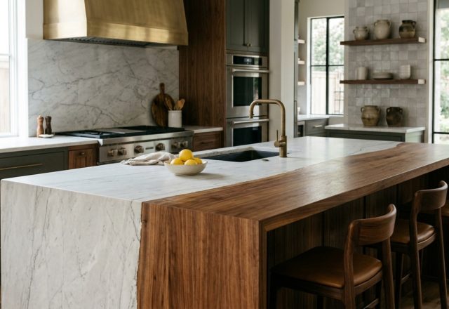 Luxury kitchen island material combinations featuring a honed Calacatta marble countertop paired with a warm rift-sawn walnut butcher block and unlacquered brass hardware.