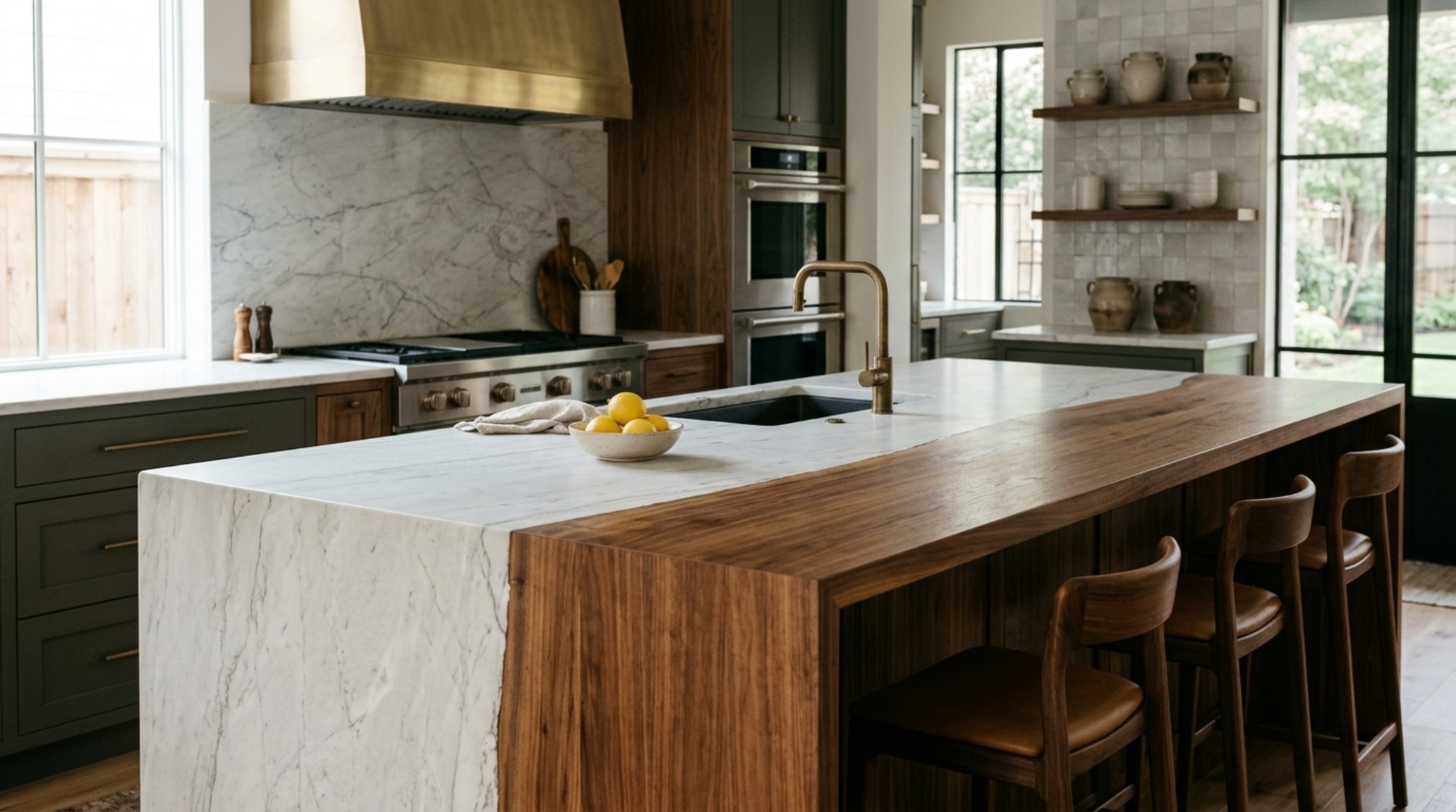 Luxury kitchen island material combinations featuring a honed Calacatta marble countertop paired with a warm rift-sawn walnut butcher block and unlacquered brass hardware. Luxury kitchen island material combinations featuring a honed Calacatta marble countertop paired with a warm rift-sawn walnut butcher block and unlacquered brass hardware.