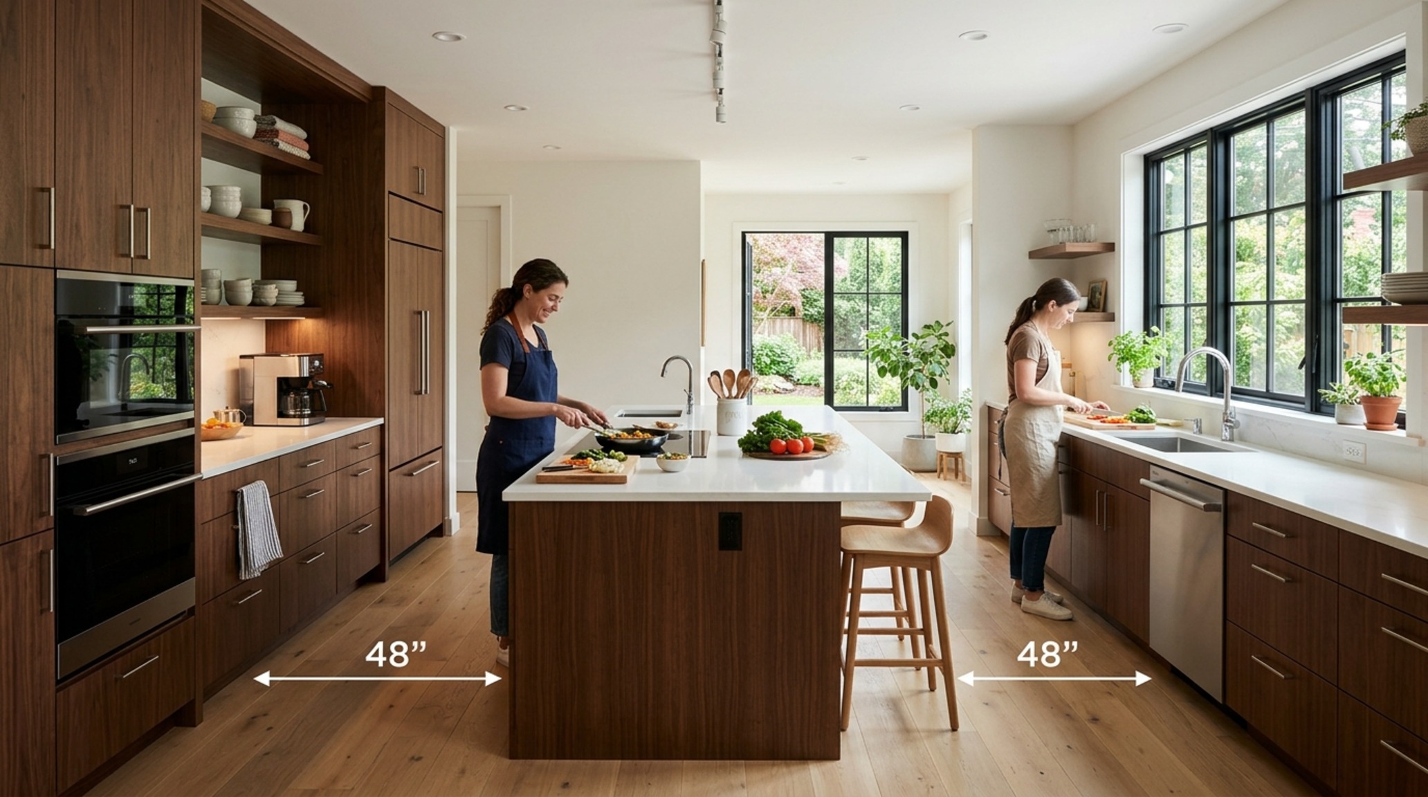 Kitchen island clearance requirements for two cooks in a galley-style arrangement with clear sightlines to the living area and professional-grade appliances. Kitchen island clearance requirements for two cooks in a galley-style arrangement with clear sightlines to the living area and professional-grade appliances.