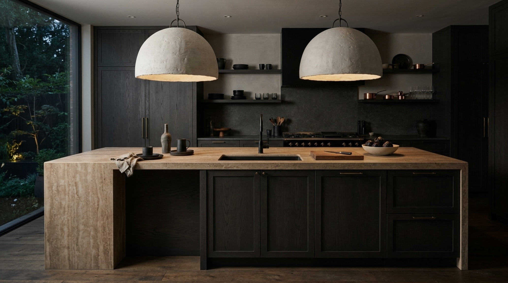 Luxury kitchen island material combinations of fluted white oak cabinetry and a matte black granite waterfall surface under designer pendants. Luxury kitchen island material combinations of fluted white oak cabinetry and a matte black granite waterfall surface under designer pendants.