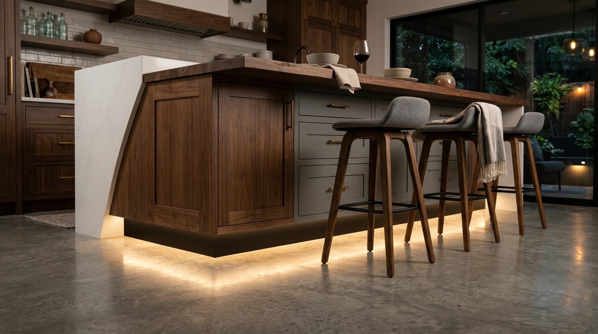 Large kitchen island with seating ideas showing an integrated L-shaped bench built into the island base for a casual lounge-style feel. Large kitchen island with seating ideas showing an integrated L-shaped bench built into the island base for a casual lounge-style feel.