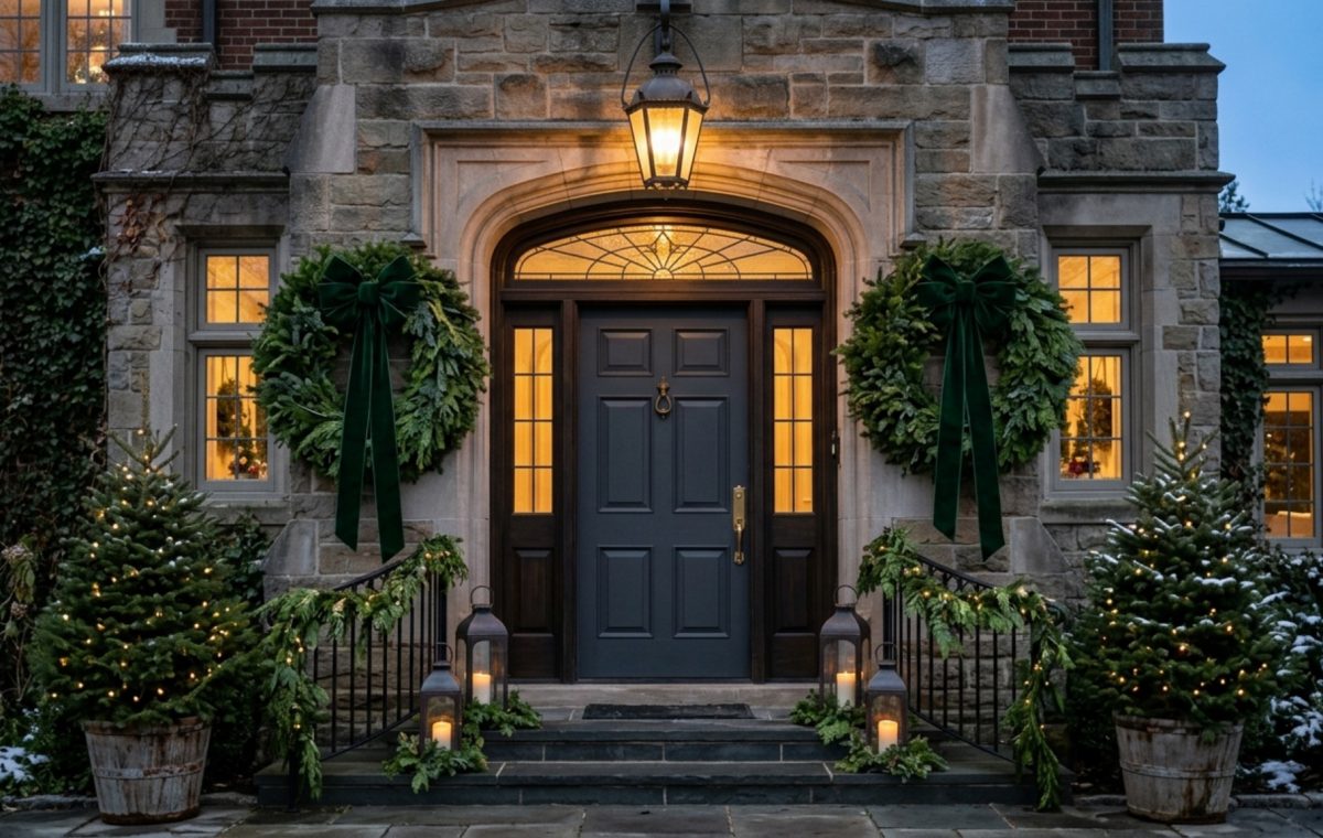 elegant outdoor christmas decorations featuring a grand black front door with oversized symmetrical pine wreaths and heavy brass hardware