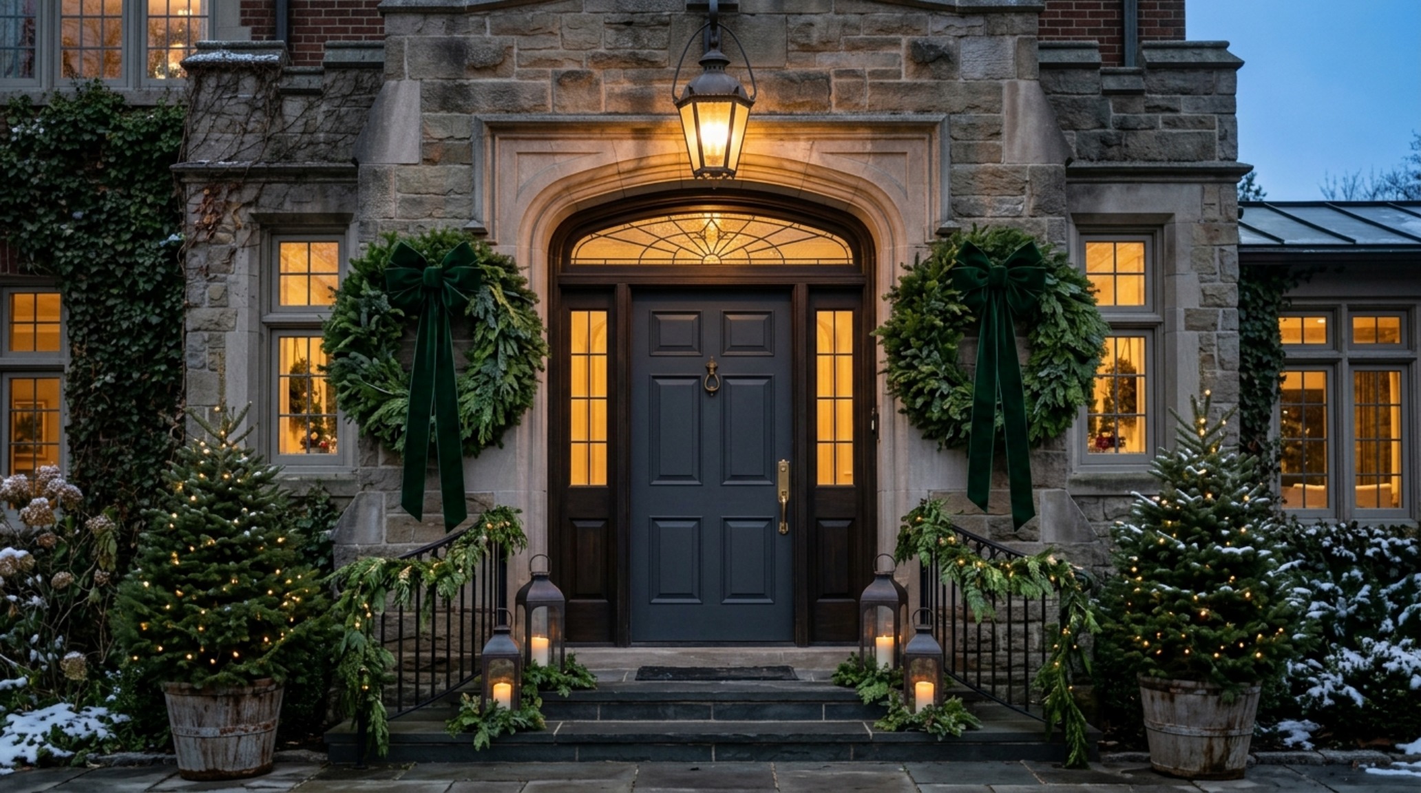 elegant outdoor christmas decorations featuring a grand black front door with oversized symmetrical pine wreaths and heavy brass hardware elegant outdoor christmas decorations featuring a grand black front door with oversized symmetrical pine wreaths and heavy brass hardware