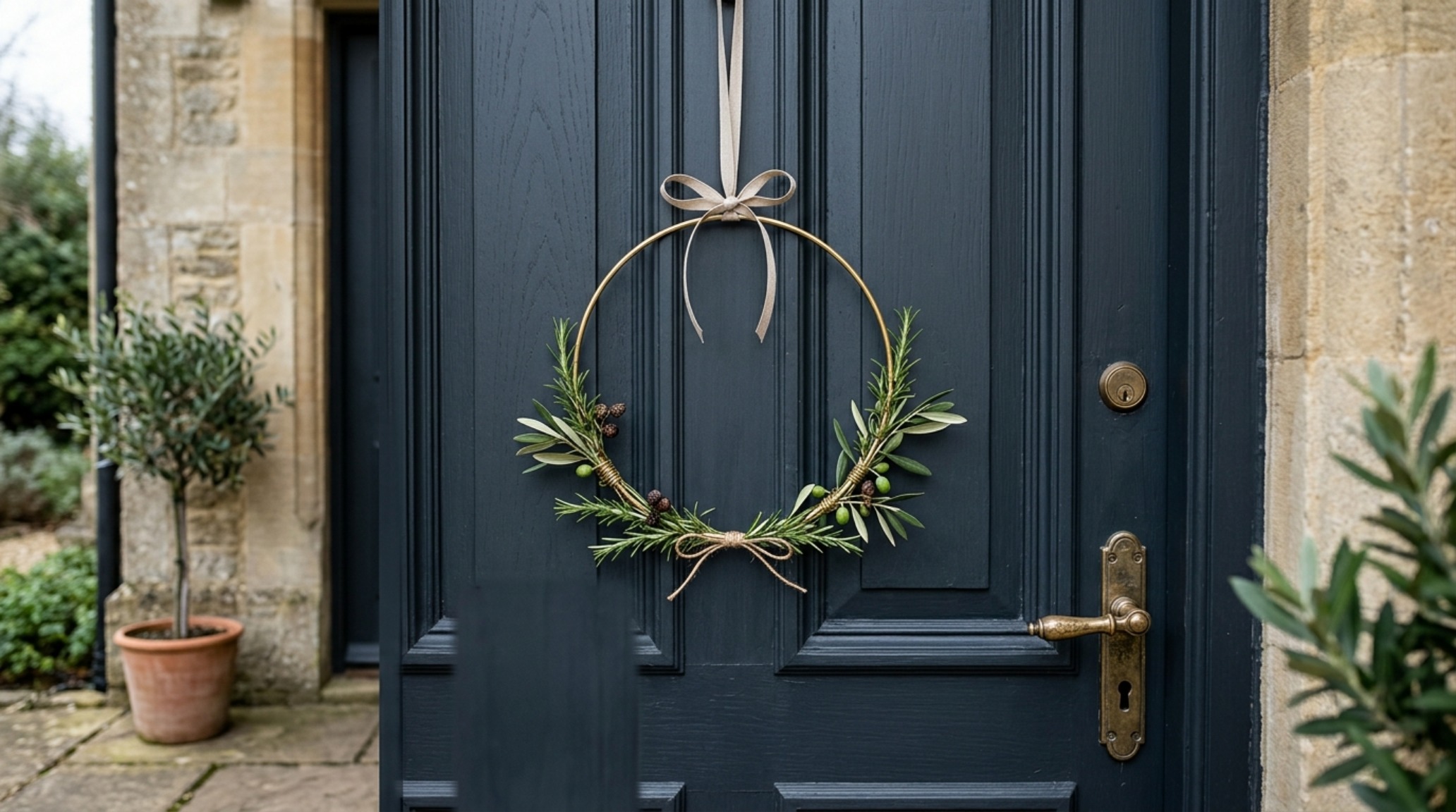 minimalist christmas door decor featuring a sculptural brass wreath hanger and a simple olive branch ring on a dark grey entrance minimalist christmas door decor featuring a sculptural brass wreath hanger and a simple olive branch ring on a dark grey entrance