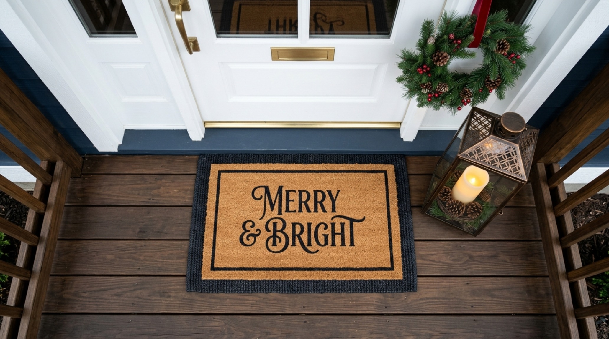 small front porch christmas ideas with a focused eye on a designer doormat and a singular high-quality lantern with a 2700K bulb small front porch christmas ideas with a focused eye on a designer doormat and a singular high-quality lantern with a 2700K bulb