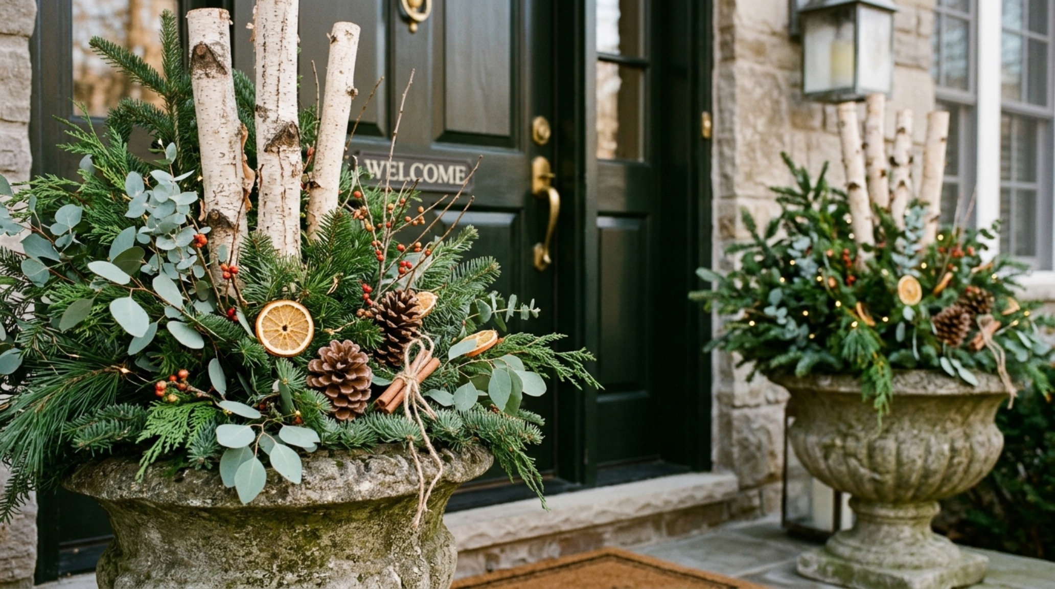 winter front door planters styled with noble fir, eucalyptus, and birch poles in charcoal stone urns on a limestone porch winter front door planters styled with noble fir, eucalyptus, and birch poles in charcoal stone urns on a limestone porch
