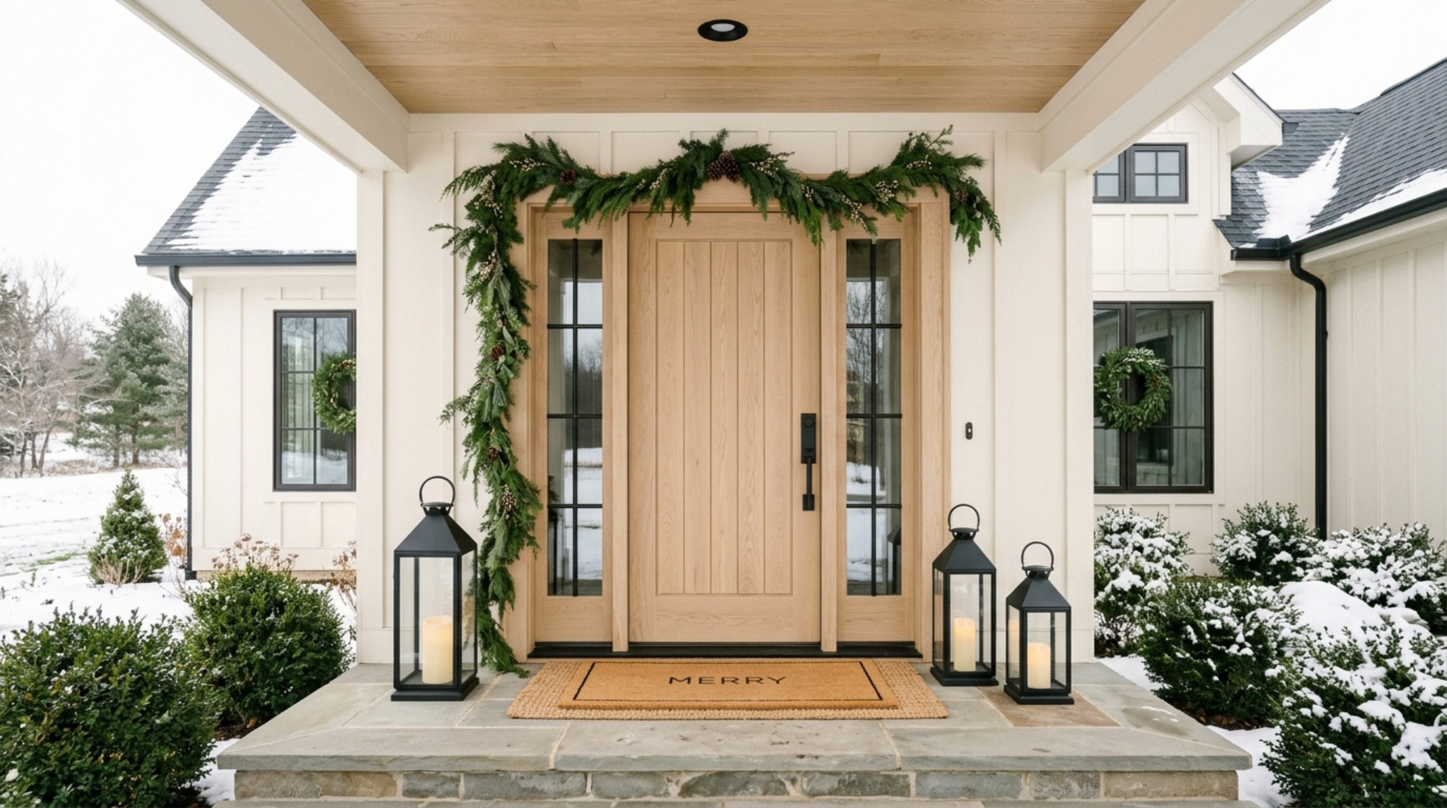 modern farmhouse christmas front door with white oak finish, asymmetrical juniper wreath, and matte black lanterns in the evening modern farmhouse christmas front door with white oak finish, asymmetrical juniper wreath, and matte black lanterns in the evening