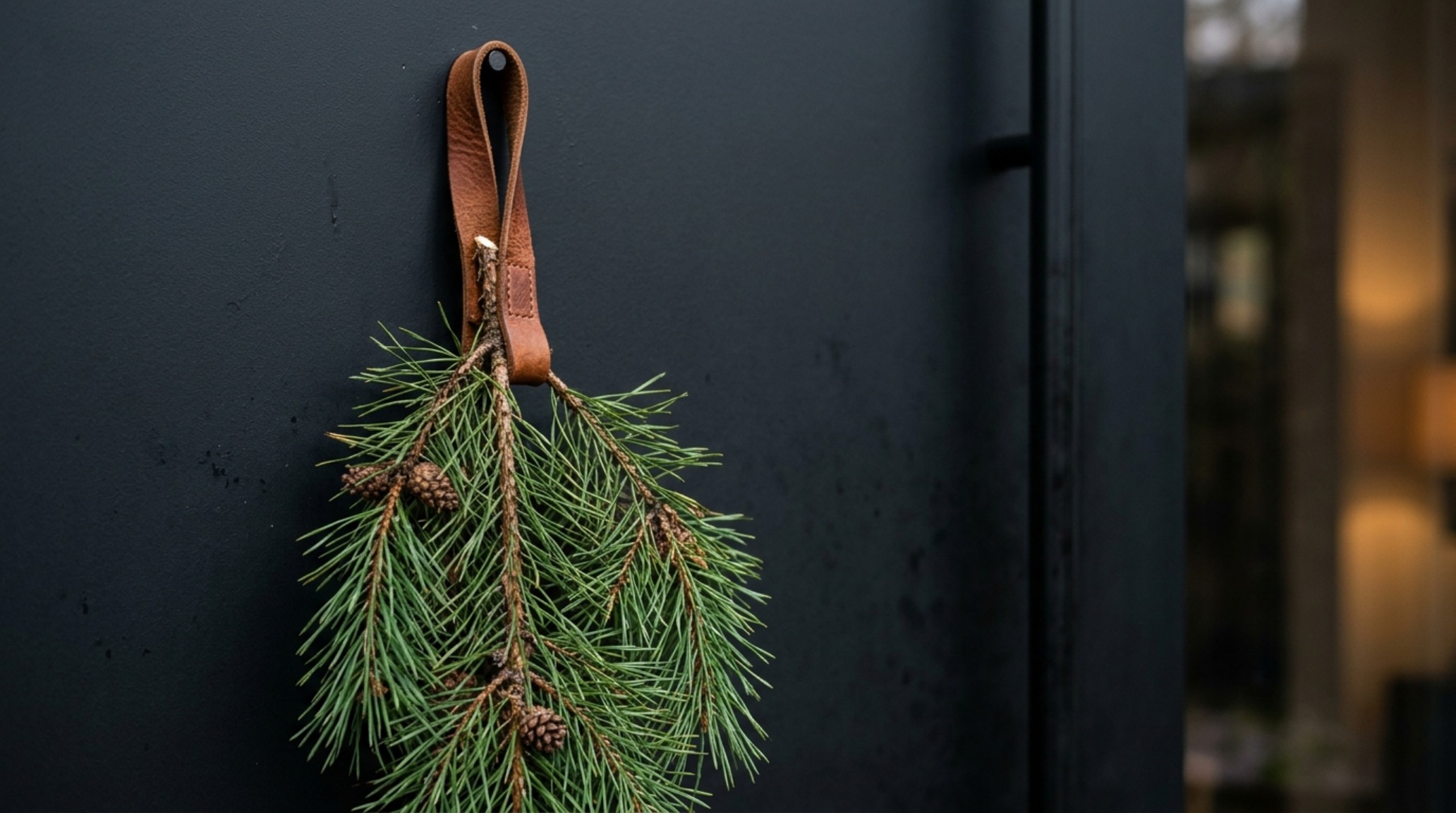 minimalist christmas door decor focusing on a single long-needle pine branch tied with a wide charcoal velvet ribbon on a modern pivot door minimalist christmas door decor focusing on a single long-needle pine branch tied with a wide charcoal velvet ribbon on a modern pivot door