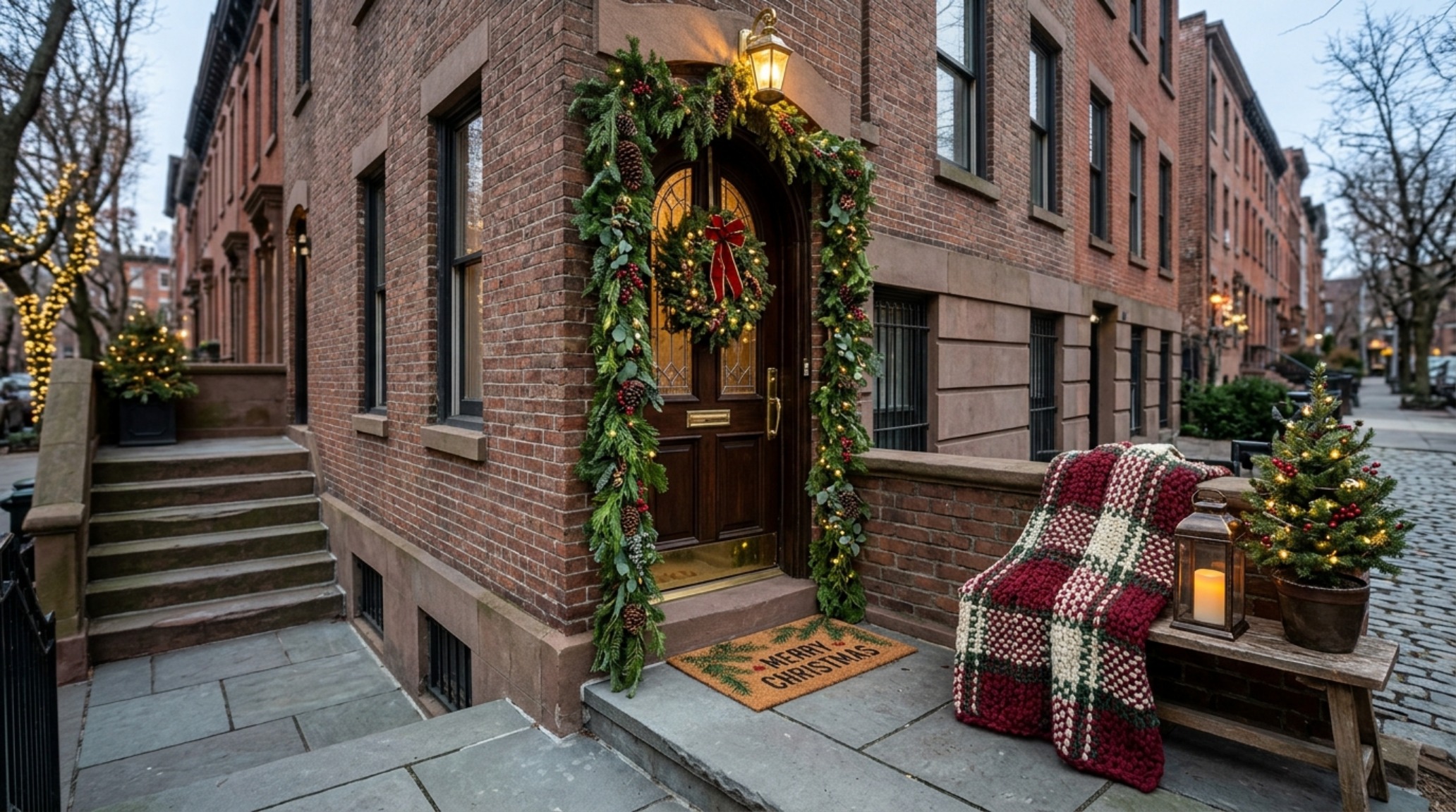 small front porch christmas ideas utilizing vertical space with a lush cedar garland and warm micro-LED fairy lights in a city stoop small front porch christmas ideas utilizing vertical space with a lush cedar garland and warm micro-LED fairy lights in a city stoop