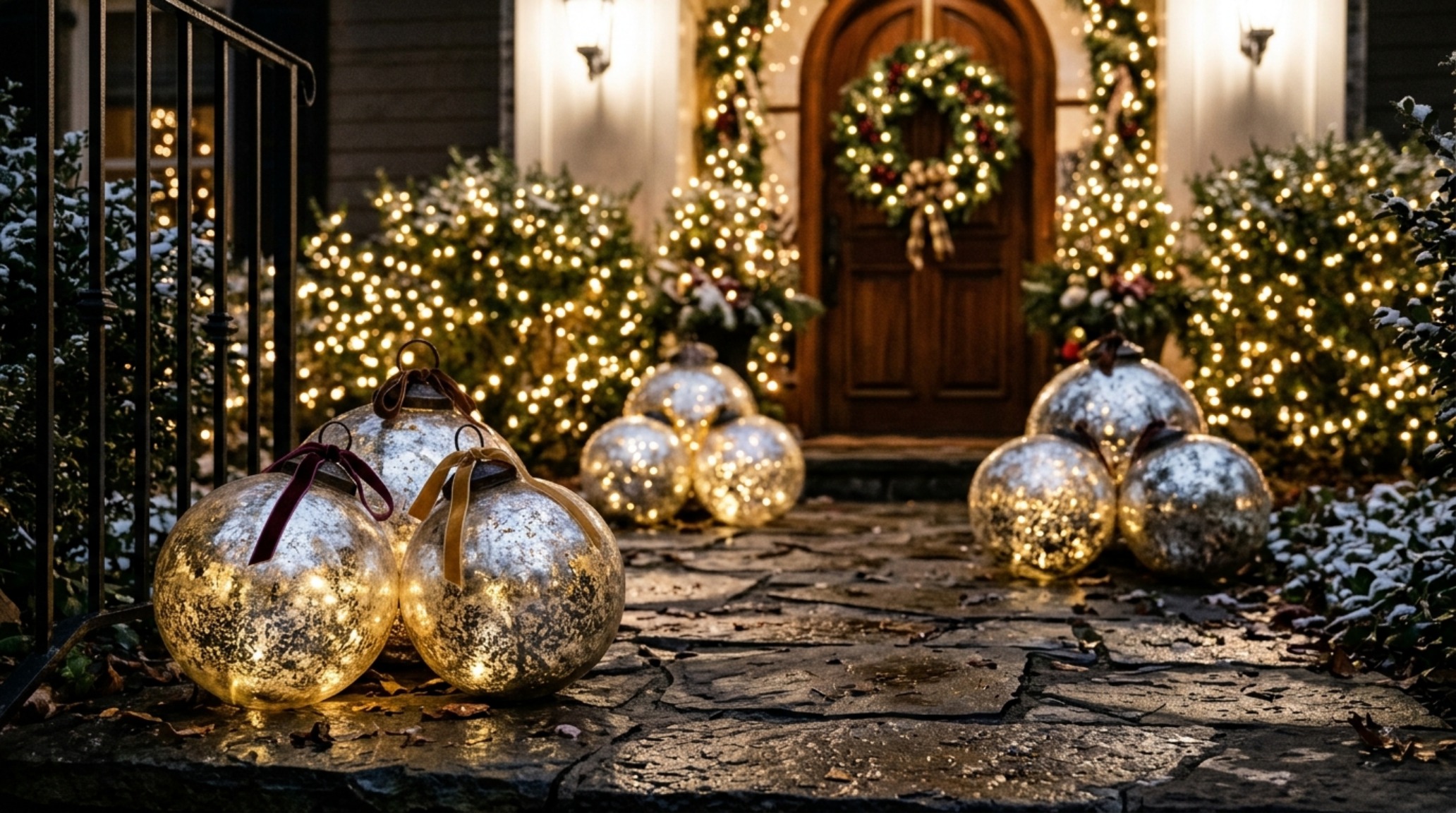 oversized christmas ornaments for front porch in matte mercury glass clustered at the base of a festive holiday urn with architectural lighting oversized christmas ornaments for front porch in matte mercury glass clustered at the base of a festive holiday urn with architectural lighting