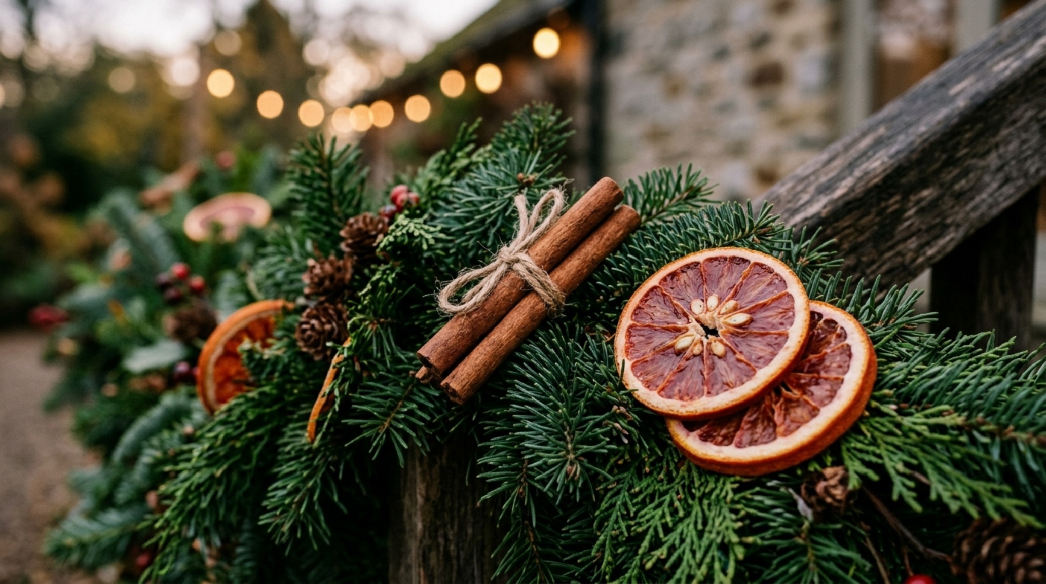 elegant outdoor christmas decorations highlighting the texture of dried citrus slices and cinnamon sticks woven into a thick evergreen garland elegant outdoor christmas decorations highlighting the texture of dried citrus slices and cinnamon sticks woven into a thick evergreen garland