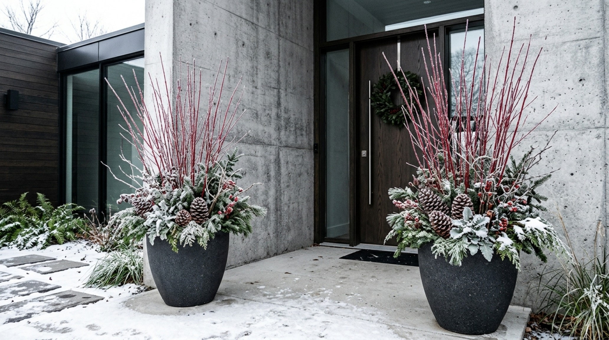 winter front door planters showing the detail of red twig dogwood and frosted pinecones in a contemporary architectural setting winter front door planters showing the detail of red twig dogwood and frosted pinecones in a contemporary architectural setting