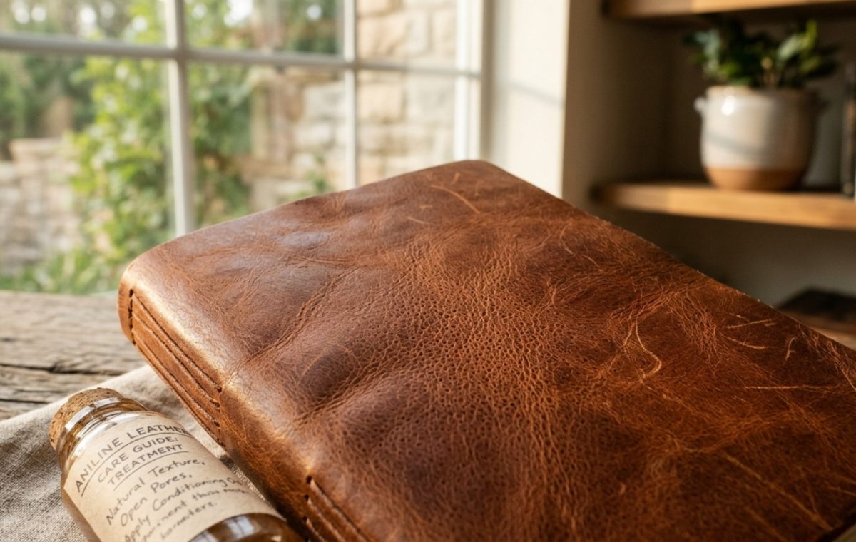 Aniline leather care guide featuring a close-up of a full-grain cognac sofa showing the rich, natural pore structure and subtle grain variations in warm afternoon light.
