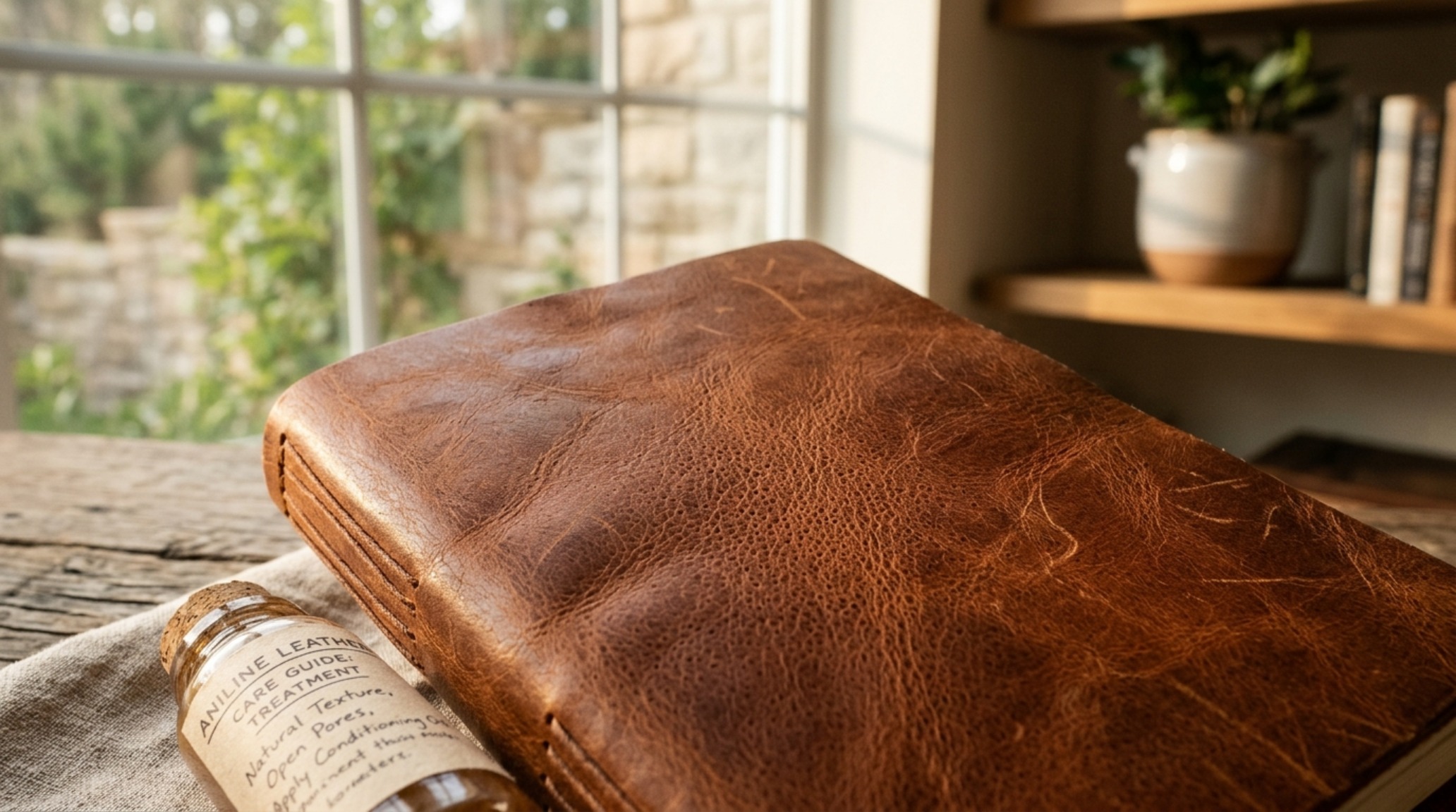 Aniline leather care guide featuring a close-up of a full-grain cognac sofa showing the rich, natural pore structure and subtle grain variations in warm afternoon light. Aniline leather care guide featuring a close-up of a full-grain cognac sofa showing the rich, natural pore structure and subtle grain variations in warm afternoon light.