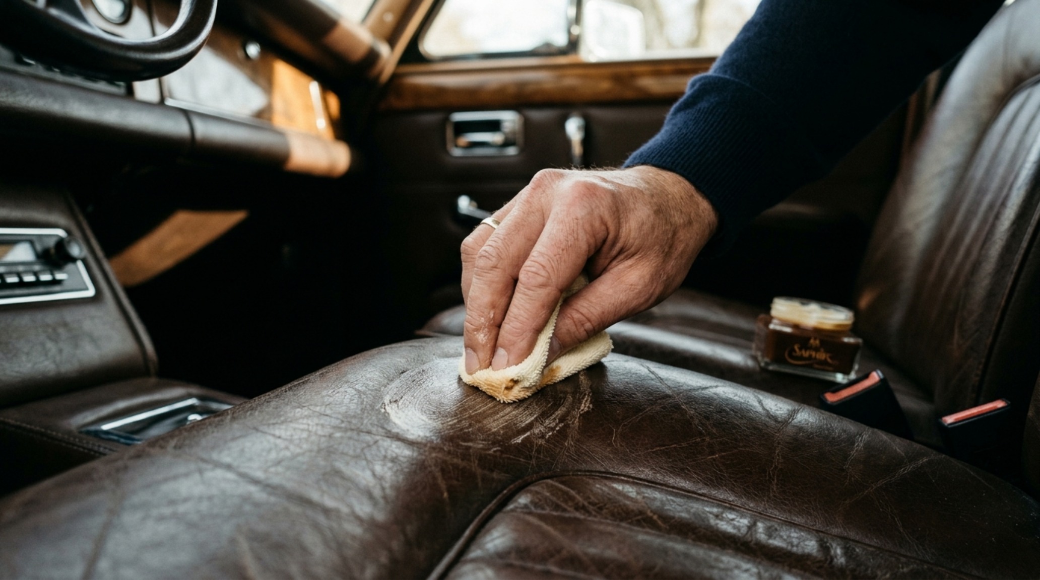 Cleaning high-end leather upholstery in a professional design studio setting with a focus on tactile materiality and organic depth. Cleaning high-end leather upholstery in a professional design studio setting with a focus on tactile materiality and organic depth.