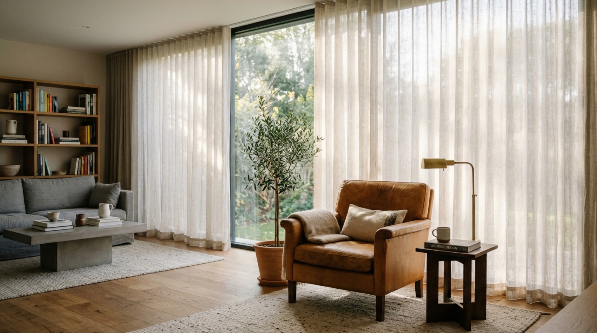 Protecting leather from sunlight by using sheer linen curtains to diffuse harsh UV rays on a modern leather armchair in a bright living room. Protecting leather from sunlight by using sheer linen curtains to diffuse harsh UV rays on a modern leather armchair in a bright living room.