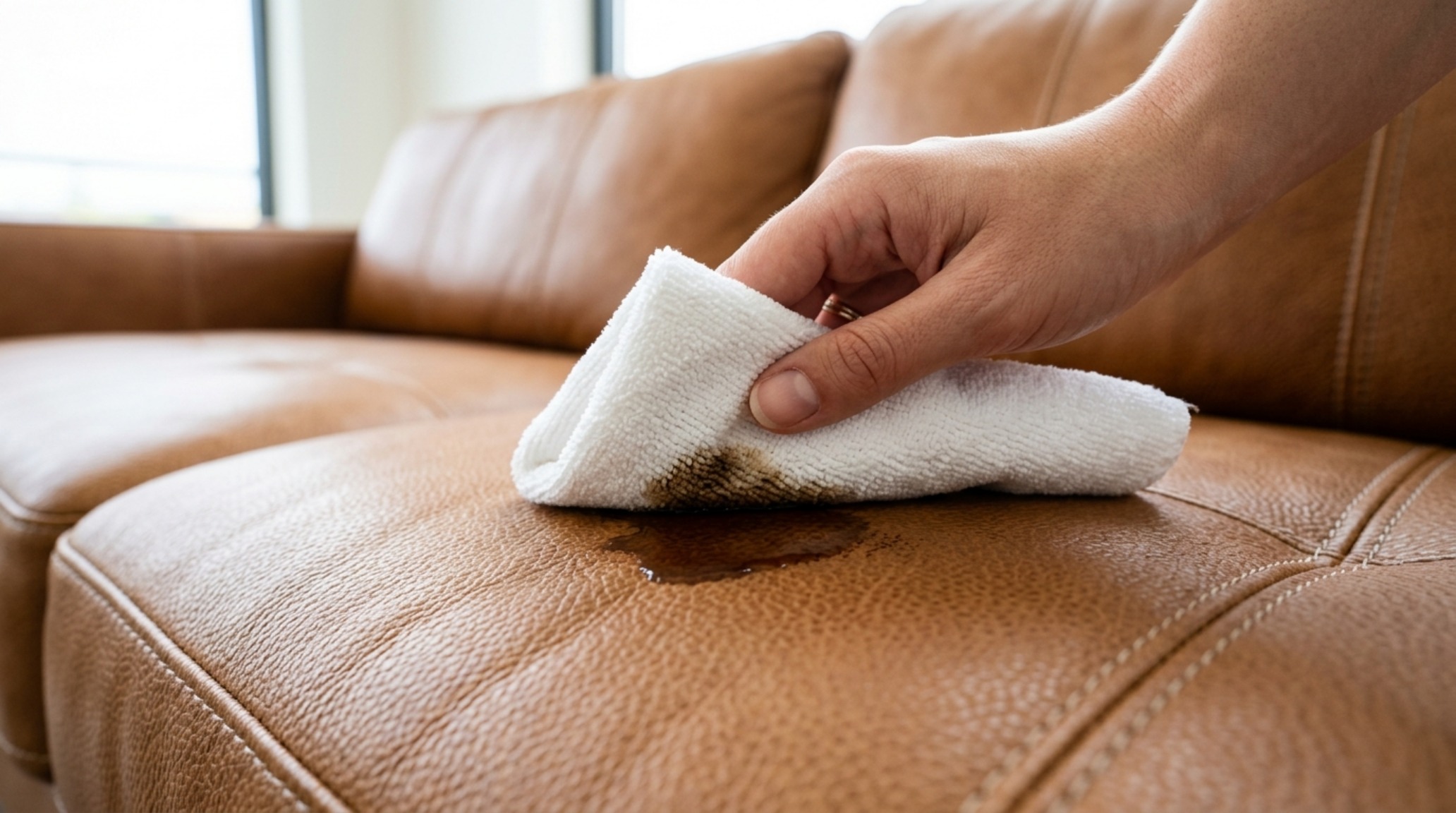 Removing stains from leather couch by carefully blotting a spill with a clean white absorbent cloth to prevent tide marks on aniline upholstery. Removing stains from leather couch by carefully blotting a spill with a clean white absorbent cloth to prevent tide marks on aniline upholstery.