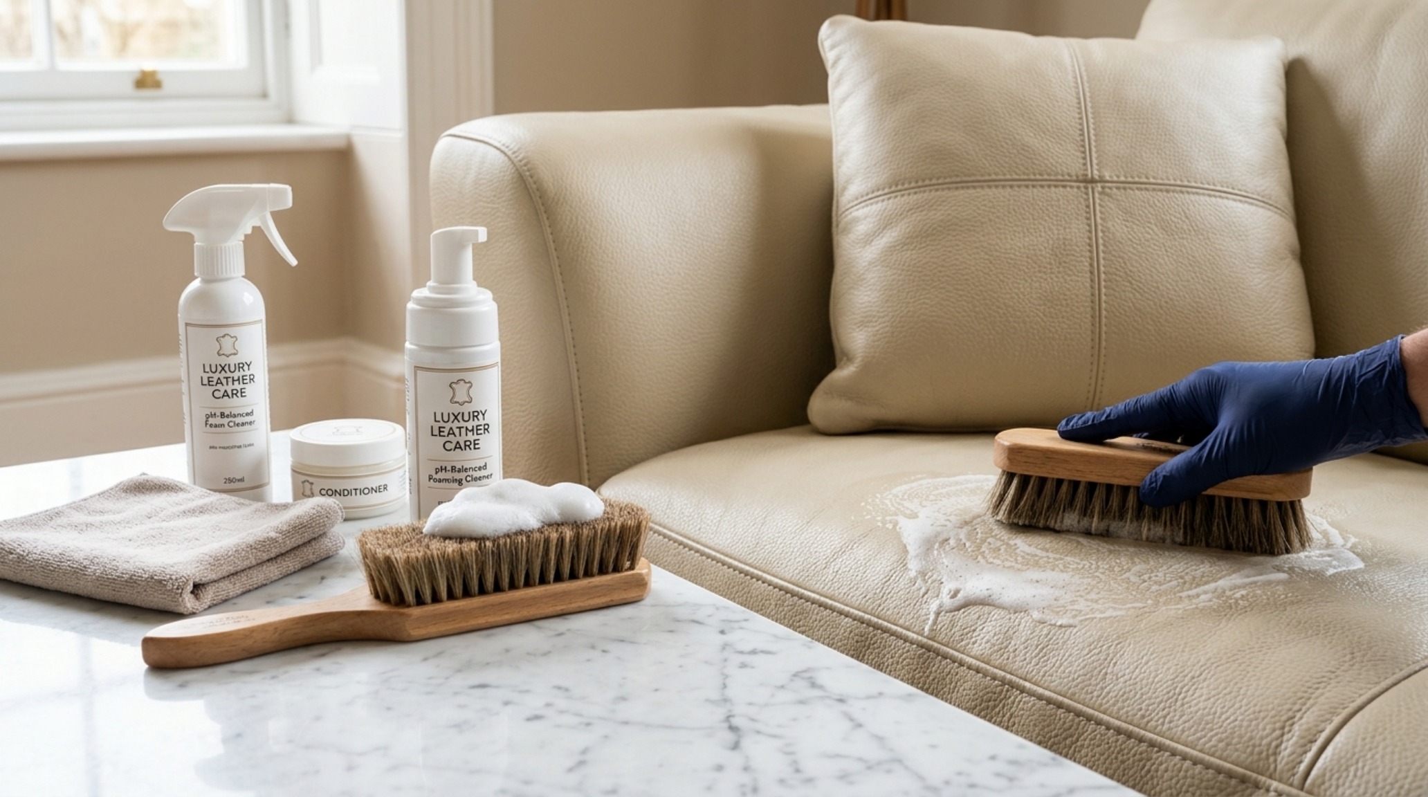 Cleaning high-end leather upholstery with specialized pH-balanced foam and a soft brush to maintain the hide's breathability and texture. Cleaning high-end leather upholstery with specialized pH-balanced foam and a soft brush to maintain the hide's breathability and texture.
